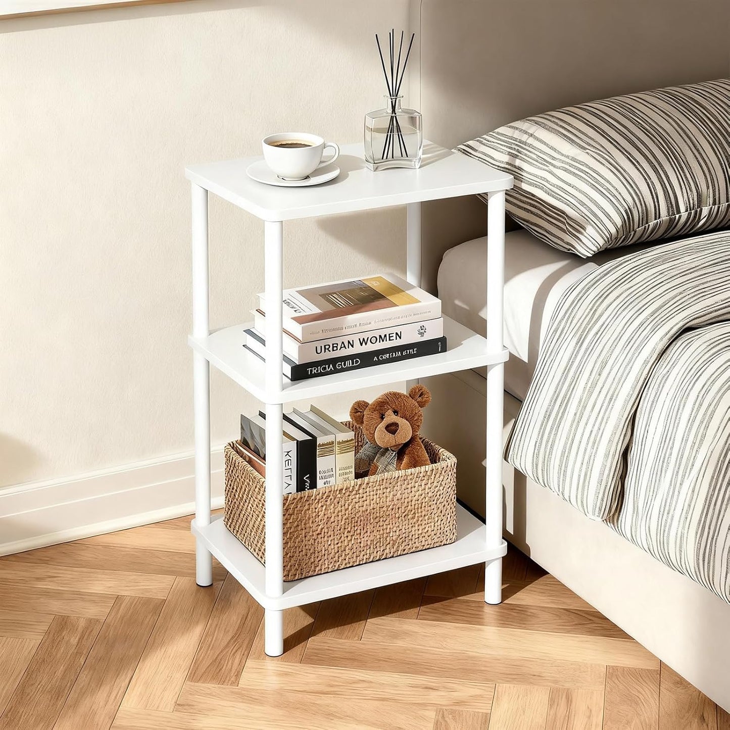 YGYQZ 3 Tier White Side Table ，Small End Table with Solid Wood Legs，28' Tall Bedside Table with Storage Shelf，Nightstand for Small Spaces，Living Room,Bedroom，Bathroom,No Tool Installation