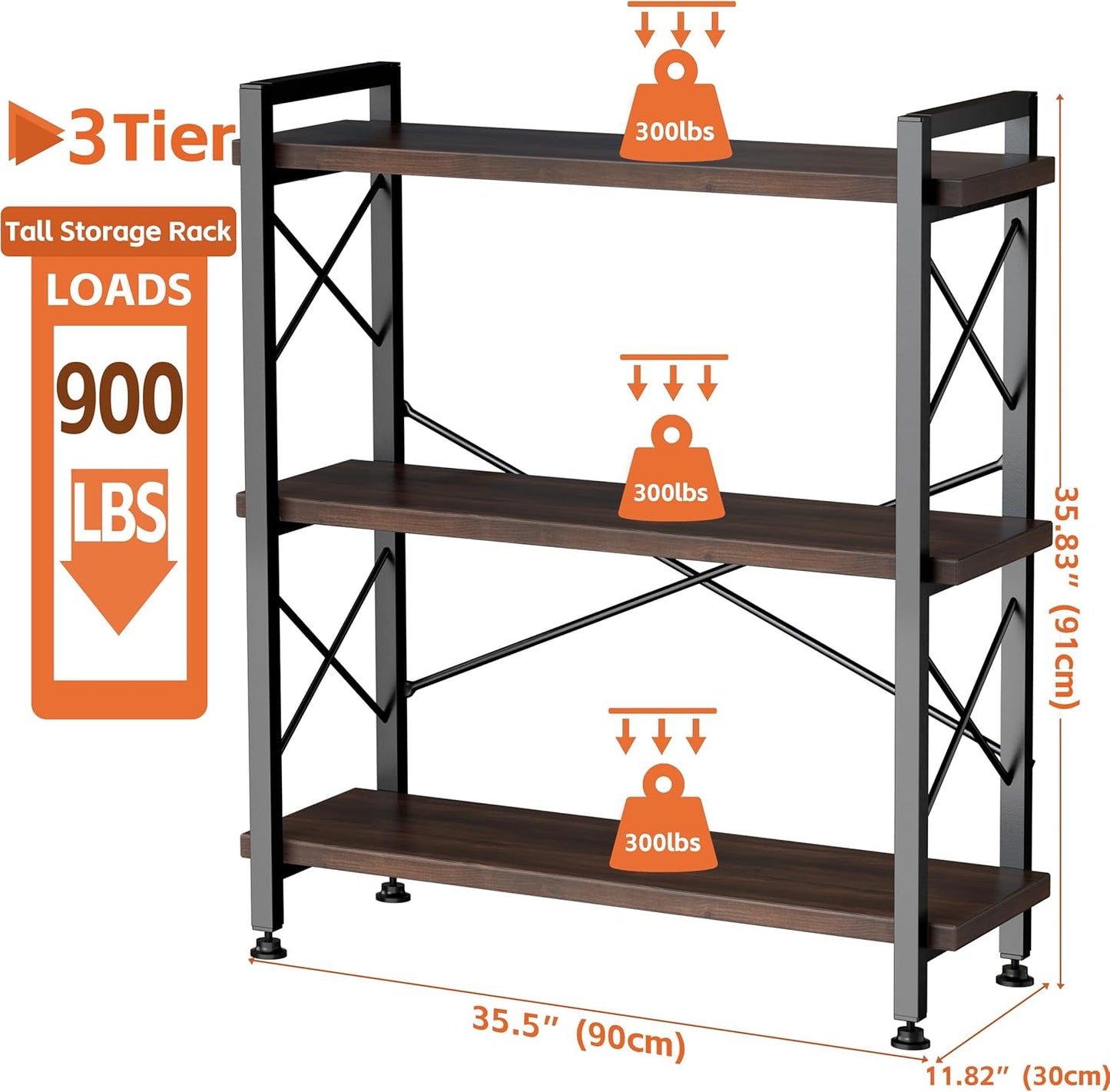 3 Tier Bookshelf Bookcase, 35.5'' Width Wood & Metal Open Book Shelf, Freestanding Industrial Display Shelf, Rustic Storage Shelves Organizer for Home Office, 300 lbs/Level