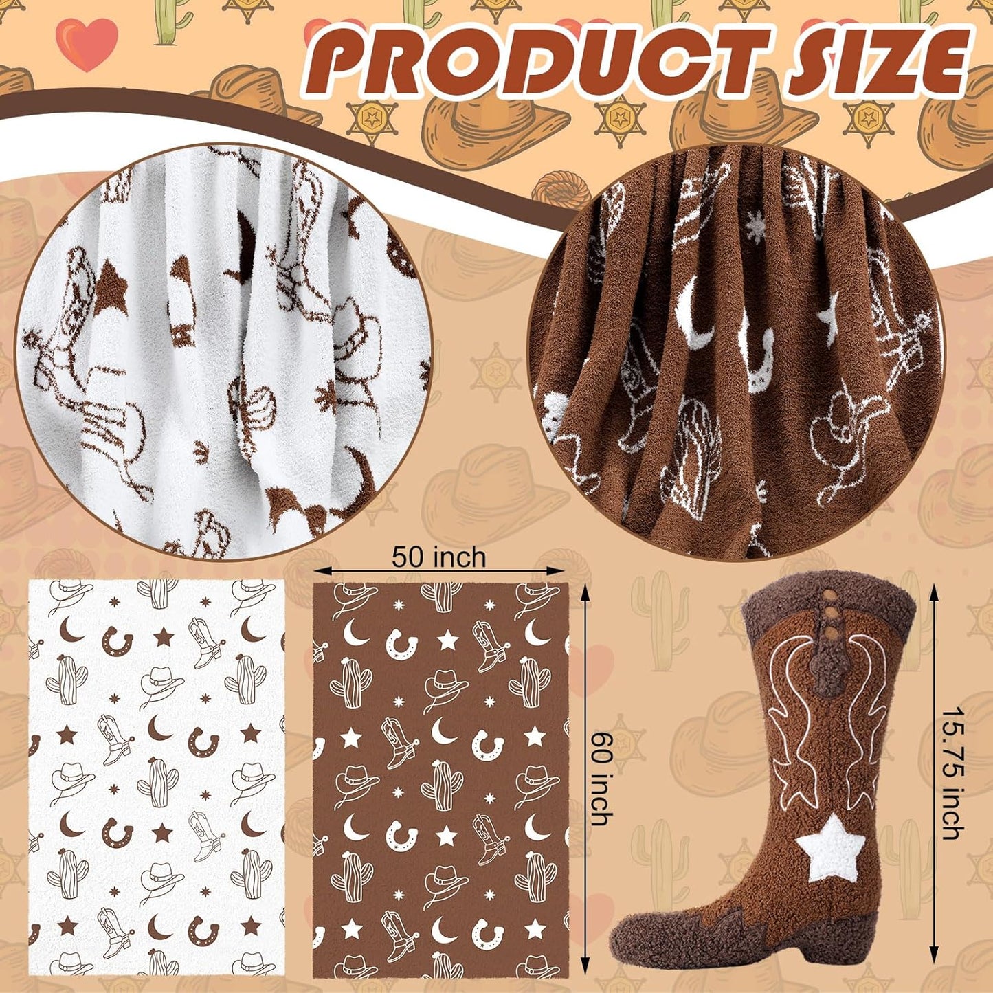 Western Cowboy Throw Blankets Pillow Set Include Brown Horse Shoes Cactus Beach Blanket 50 x 60 Inch and Cowboy Boot Plush Throw Pillows Cushion for Couch Sofa Bed Decoration