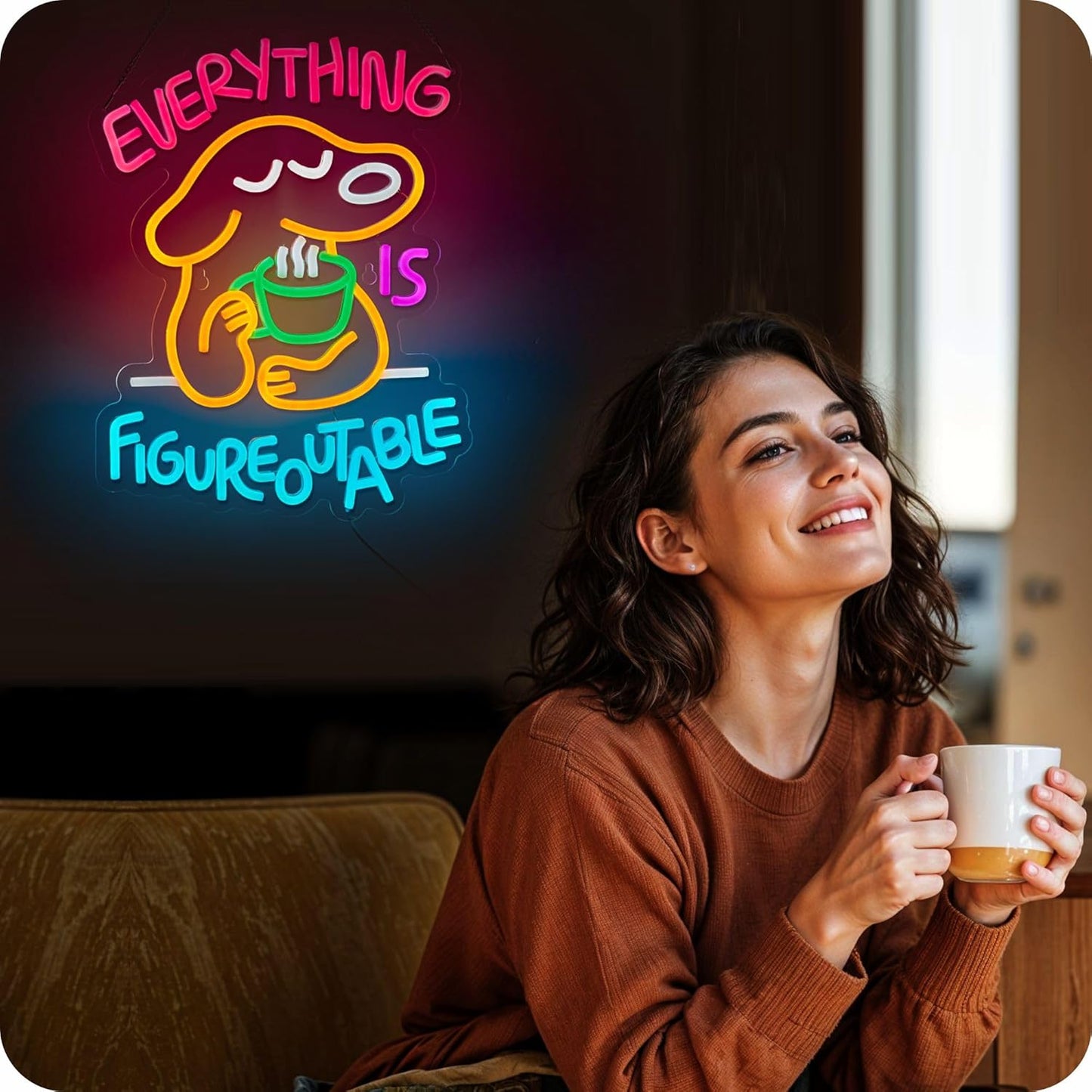 Everything Is Figureoutable Neon Sign Dog Pet Positive Affirmation LED Light for Wall Decor Inspirational Light Up Signs Motivational Art for School Classroom Party Store Home Compatible with Timer