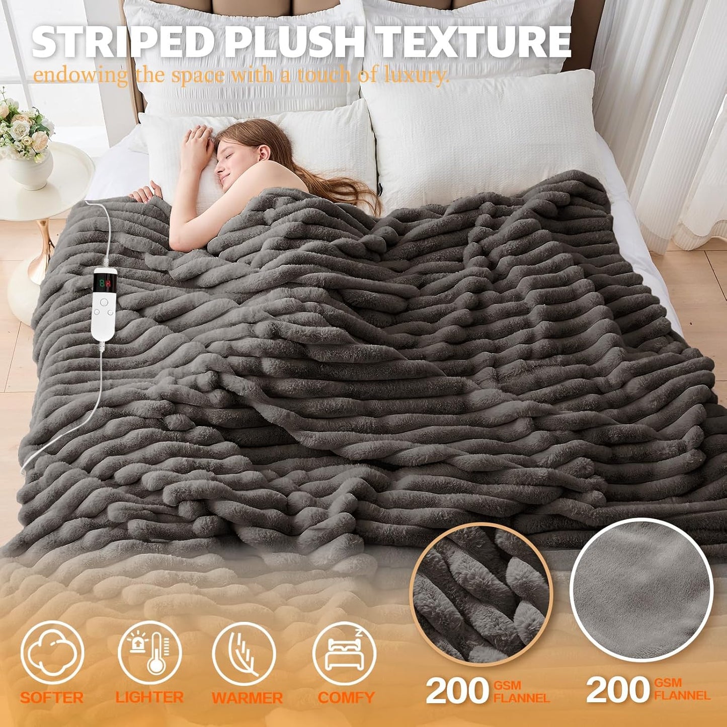 Heated Blanket Electric Thick Striped Flannel Heating Blanket Throw Blanket 50"x60",10 Heat Settings, 1-12 Hour Auto Off, Fast Heating Heating Blanket with Overheat Protection.