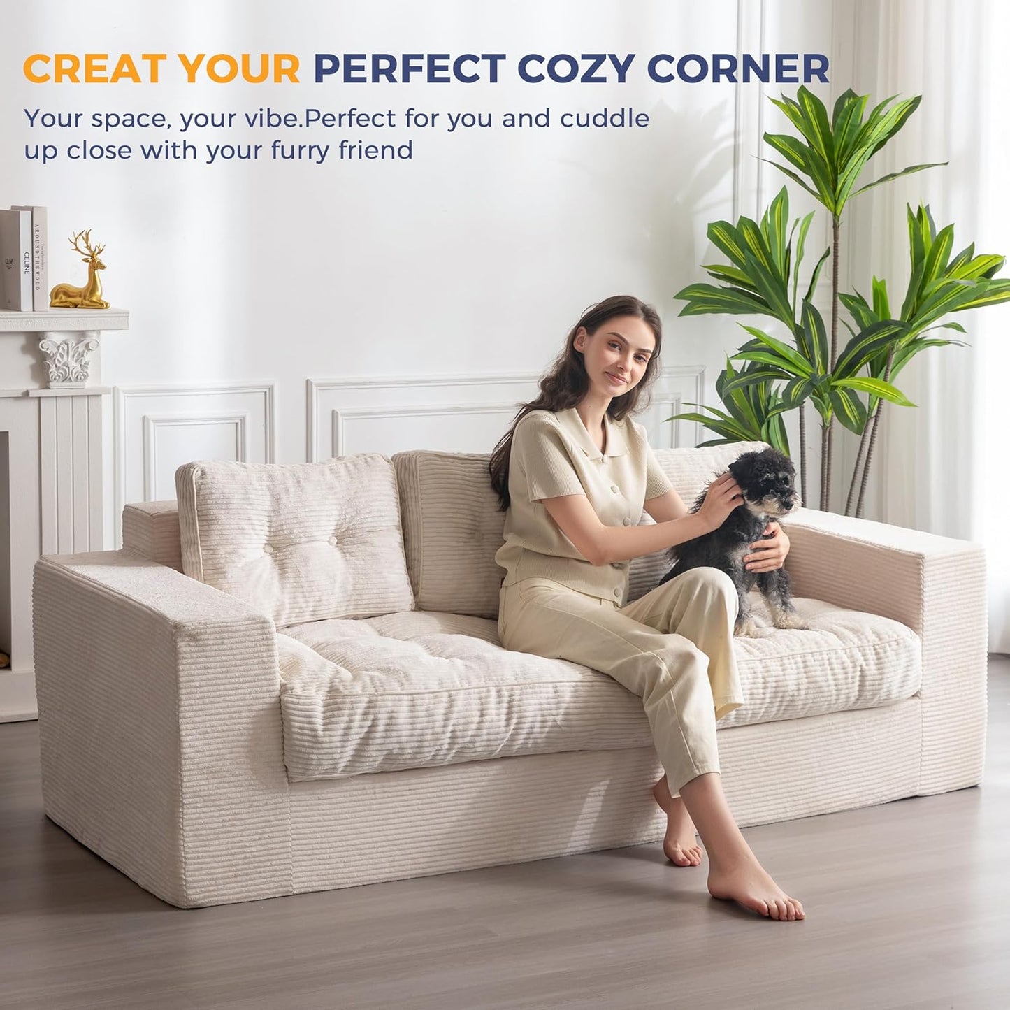 MAXYOYO 3-Seater Boneless Sofa Couch, Tufted Corded Sofa Lounge for Living Room, Comfy Bean Bag Chair High-Density Foam Couch with Pillows, No Assembly Required