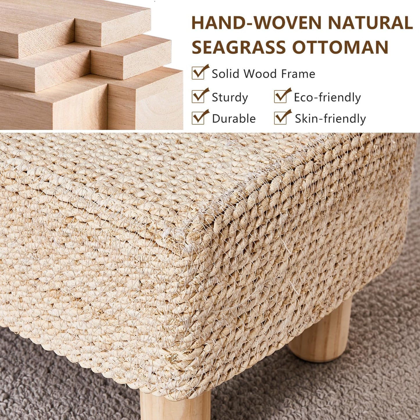 Wimarsbon Natural Seagrass Footstool Ottoman Rectangular Footrest Pouf Ottomans with Wooden Legs Hand Weave Step Stool for Living Room Bedroom Entryway Natural White