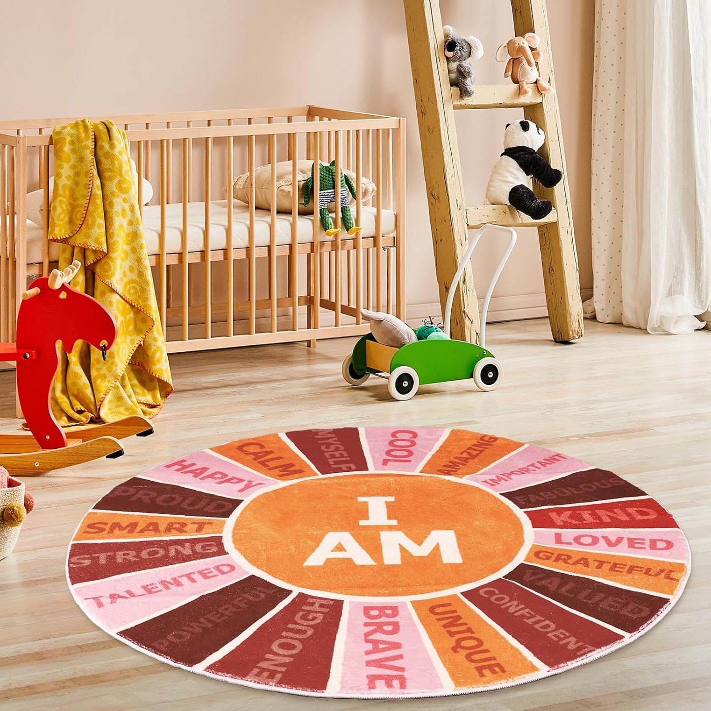 Boho Round Rug 4 Ft Retro Colorful Sun Rainbow Positive Words Area Rug Soft Motivational Carpet for Back to School Classroom Home Kindergarten Dorm Bedroom Reading Nook Playroom Decor