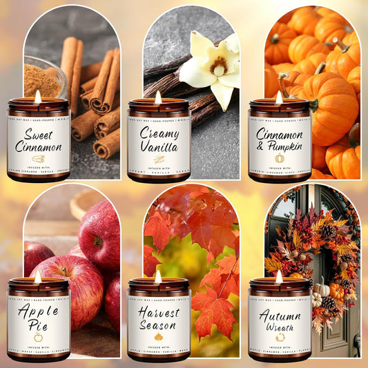 Auelife Scented Candles, 6 Pack Winter Candle Set, 42 oz Holiday Soy Candles, Candle Gifts Set for Men and Women, Home Decor of Wreath/Apple/Latte/Harvest/Vanilla/Cinnamon