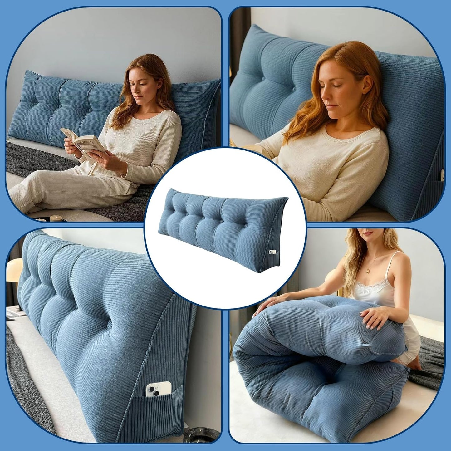 Djft Wedge Headboard Pillow for Bed Sitting & Reading, Bed Backrest Reading Cushion with Removable Cover, Large Sitting Support Pillow with Side Pockets (Blue, King 76in)