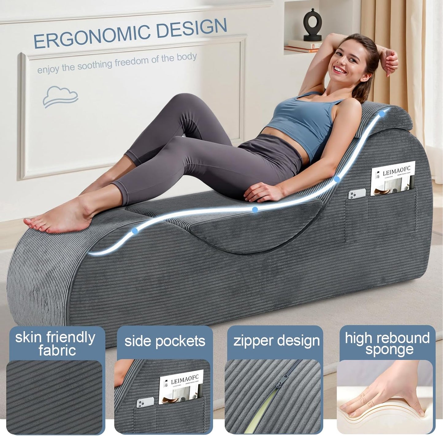 Yoga Chair Lounge for Adult, Ergonomic Chaise Lounge Chair with Side Pocket, Headrest, Waist Pad, Perfect for Stretching, Massage, and Relaxation, Used in Living Room, Bedroom（Dark Gray）