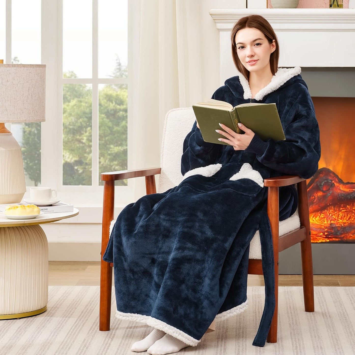 Wearable Blanket Hoodie as Gifts for Women, Long Sherpa Fleece Hooded Blankets with Oversize Hood and Pocket, Warm and Cozy Sweatshirt with Belt, Winter Gift
