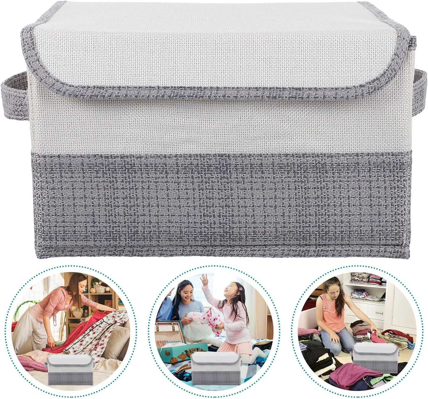 PRETYZOOM Foldable Clothes Storage Box with Lid, Fabric Organizer Bin for Home and Dormitory, Dustproof Sundries Storage Container in White and Gray, Small Size