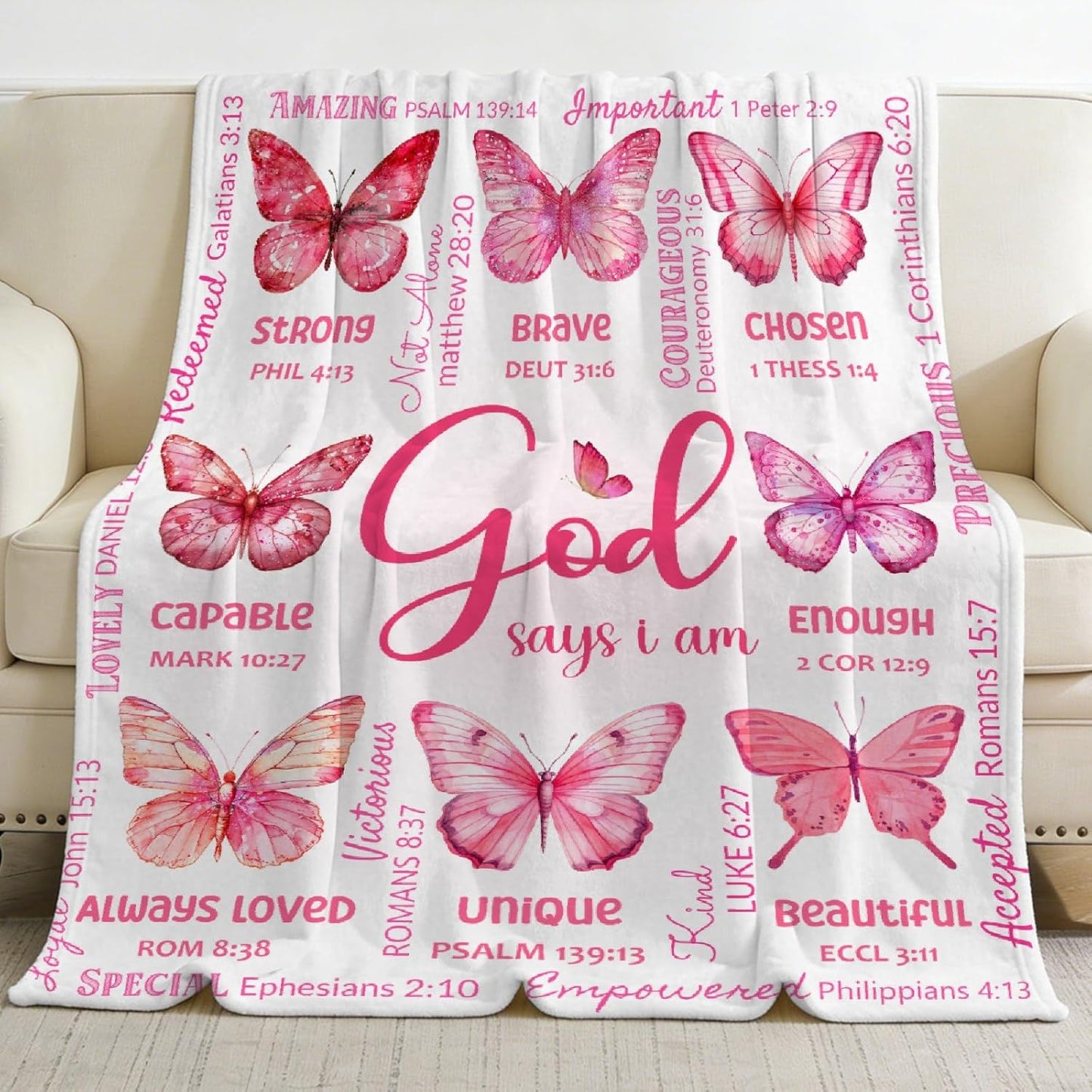 Christian Blanket, Butterfly Throw Blanket for Women Mom Girl,Catholic Gifts,Inspirational Faith Prayer Quilt with Bible Verse Scripture,Soft Flannel, Pink, 40" x 50"