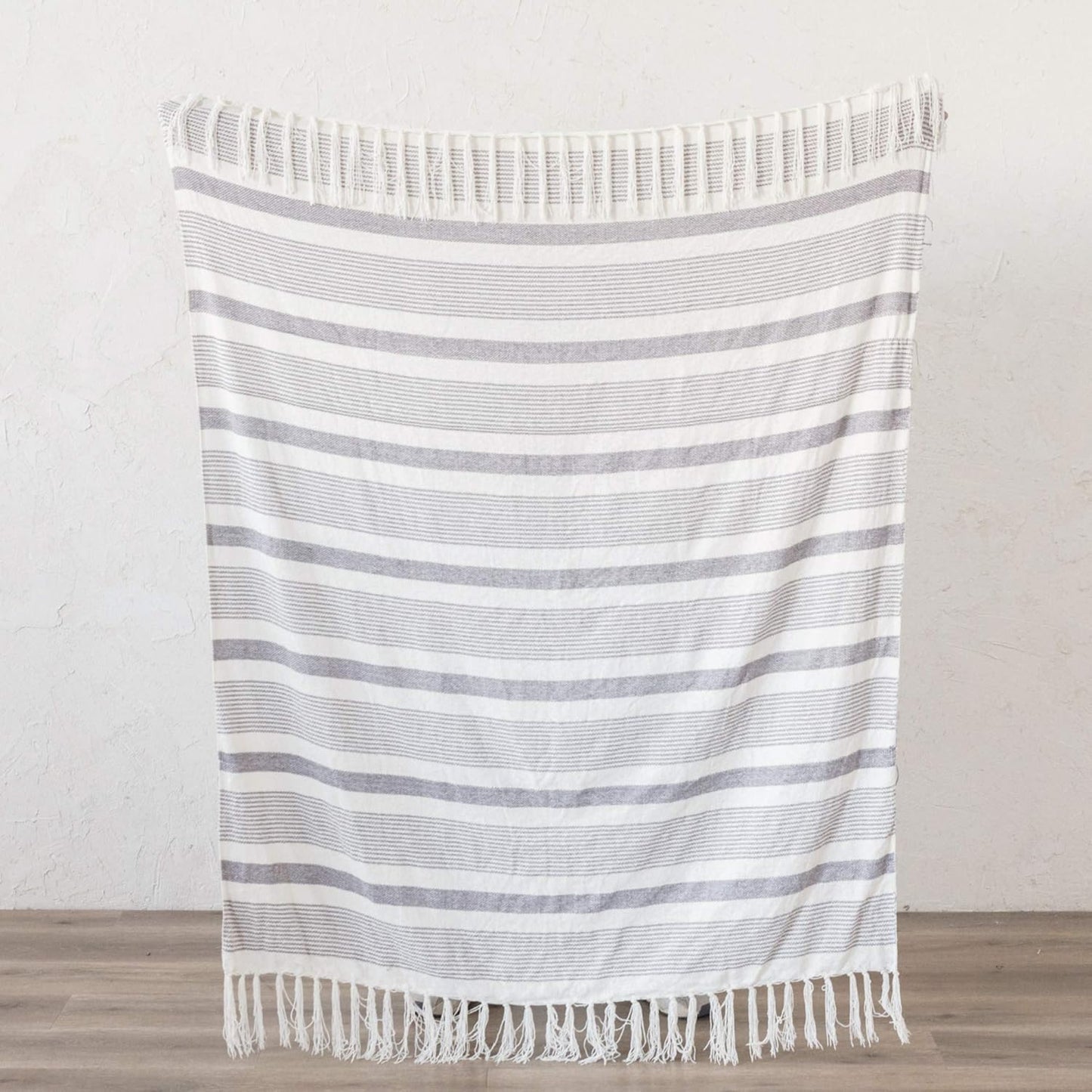 Decorative Grey Ivory Striped Throw with Fringe, Soft Chenille Knitted Farmhouse Lightweight Blanket with Tassels for Couch Sofa Chair Bed Office Home Décor, Gray and Off White,50" x 60"