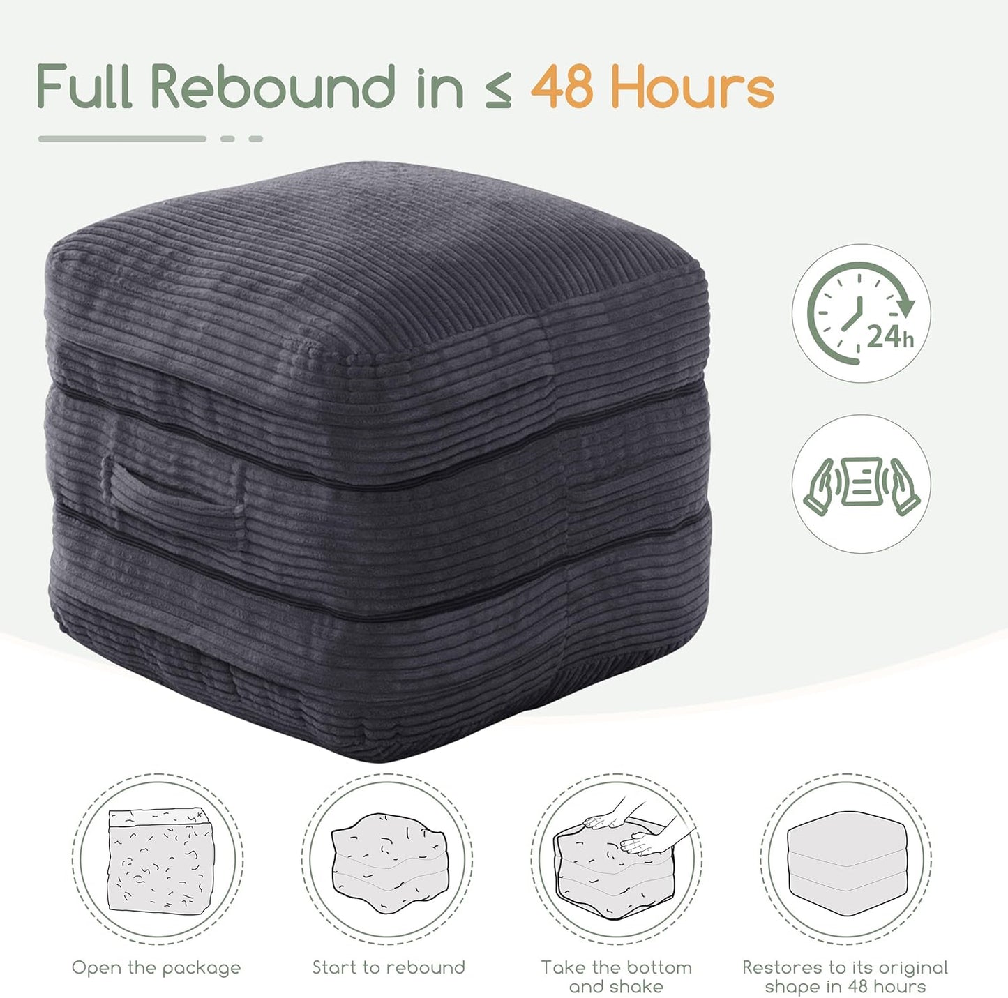 HIGOGOGO Pouf Ottoman Stuffed Square Modern Foam Filled Foot Rest Poufs 20 X 18 Inches Modular Ottomans Separated Into Floor Cushions for Living Room Chair Decorative Stool, Dark Grey