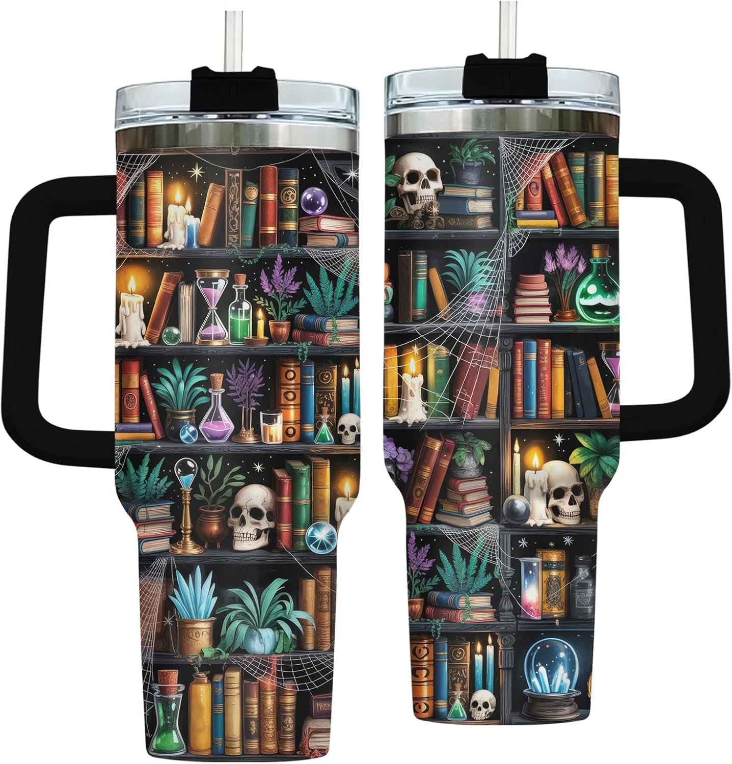 Reading Bookshelf Tumbler 40oz With Handle And Straw, Insulated Stainless Steel Travel Cup, Bookish Water Bottle For Daily Use, Birthday Gift For Book Lovers