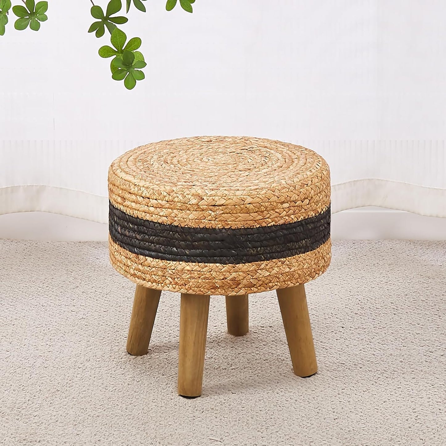 Cpintltr Round Ottoman Natural Seagrass Footstool Hand Weave Water Hyacinth Poufs Eco Friendly Sofa Foot Stool Soft Step Stool Padded Foot Rest with Pine Legs for Living Room (Black)