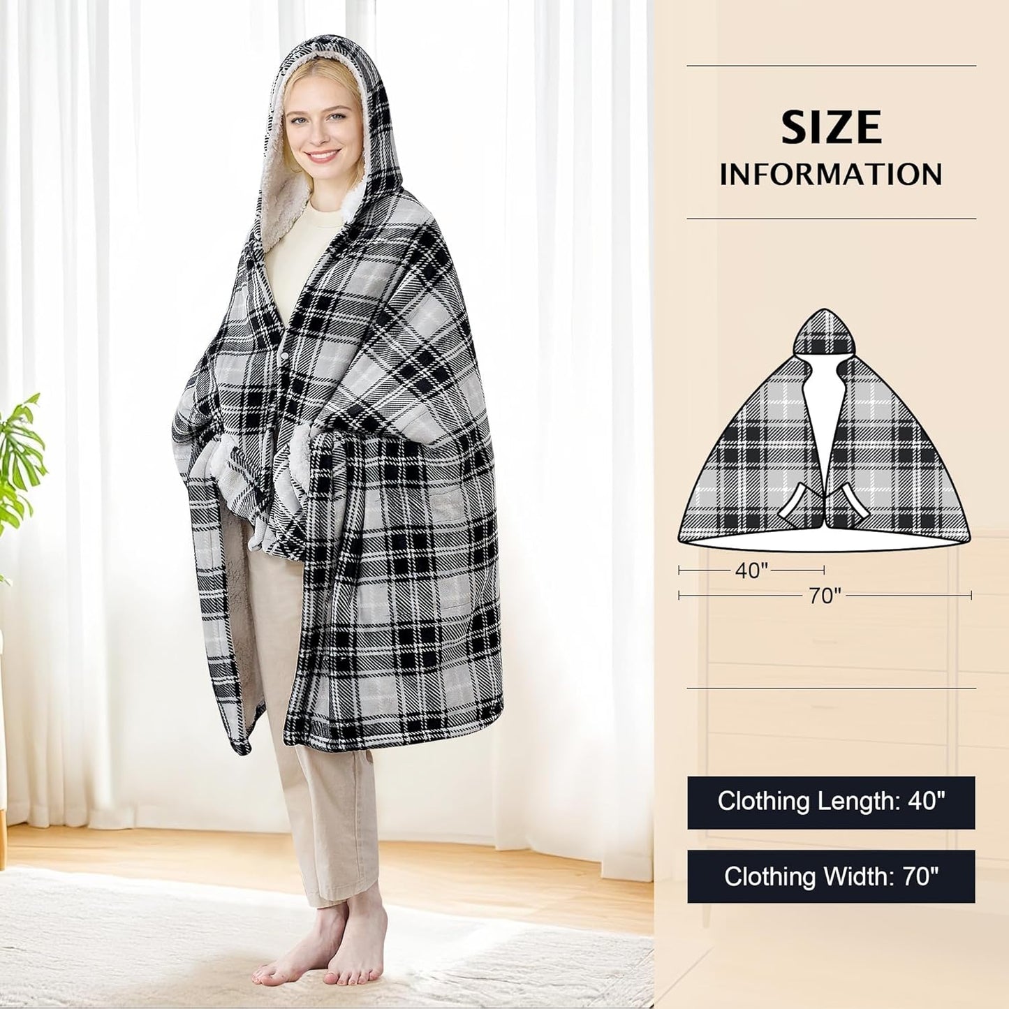 Electric Blanket Wearable Heated Shawl with Hood & Pockets – 6 Heat Levels, 4H Auto-Off, Reversible Flannel & Sherpa, Cozy Plaid Heated Throw for Home, Couch, or Gift, 40"x70", Black & Grey