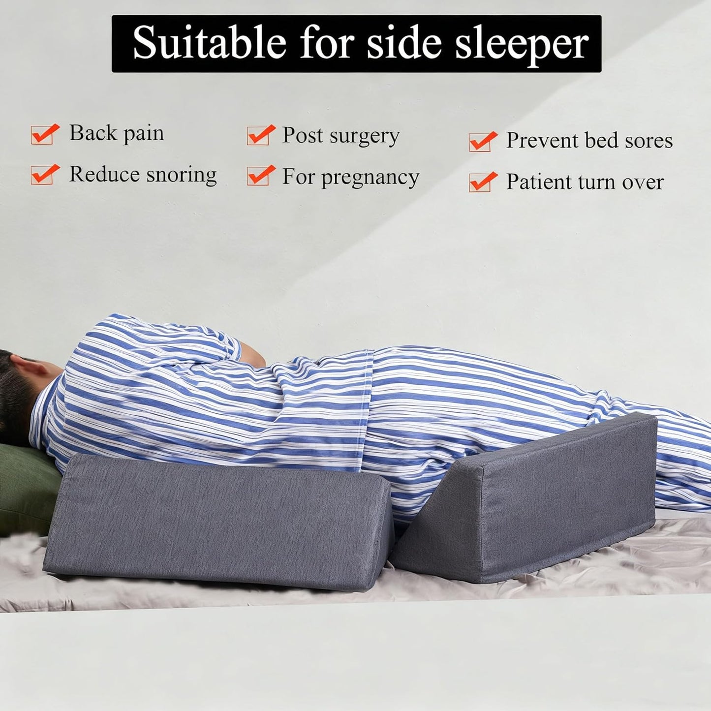 Saula Bed Wedge Pillow for Side Sleeping for Back Pain Triangle Bed Wedges & Body positioners for Seniors Wedge Pillow Set for After Surgery, Knees Elevated, Preventing Bedsores, Gray