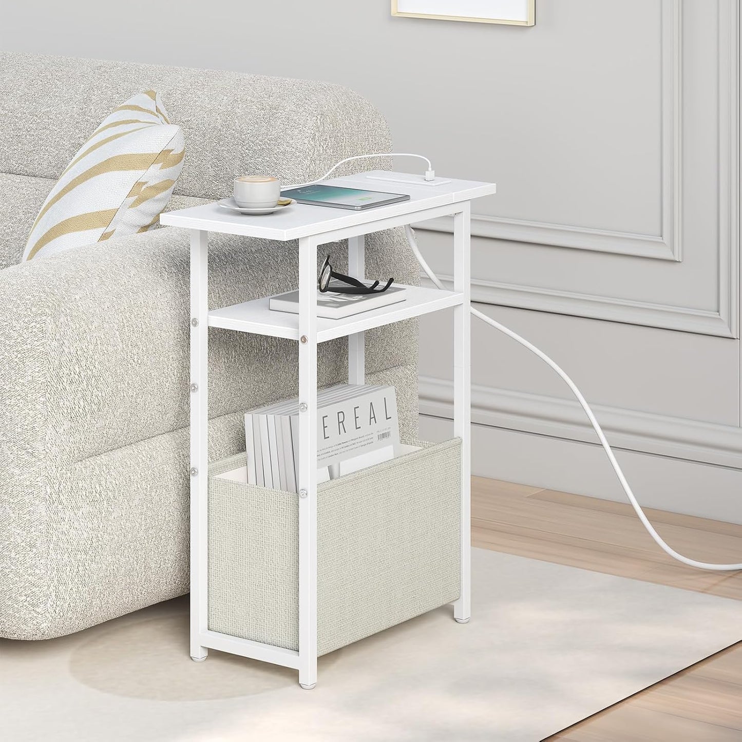 Narrow Side Table with Charging Station, Small End Table for Small Spaces, Skinny Nightstands with Storage Basket, 3 Tier Sofa Couch Bedside Tables for Living Room,Bedroom, White