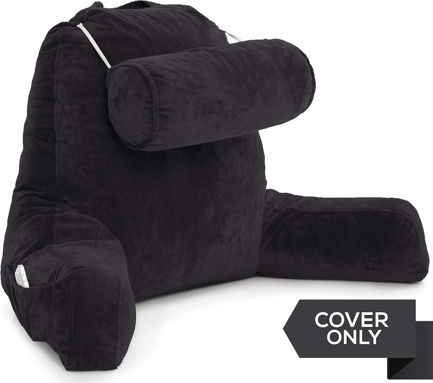 Husband Pillow XXL Cover Only Black, Cozy Microfiber Bed Rest Pillow Cover with Arms - Array of Colors - Generous Side and Back Pockets for Your Favorite Comfy Reading Pillow