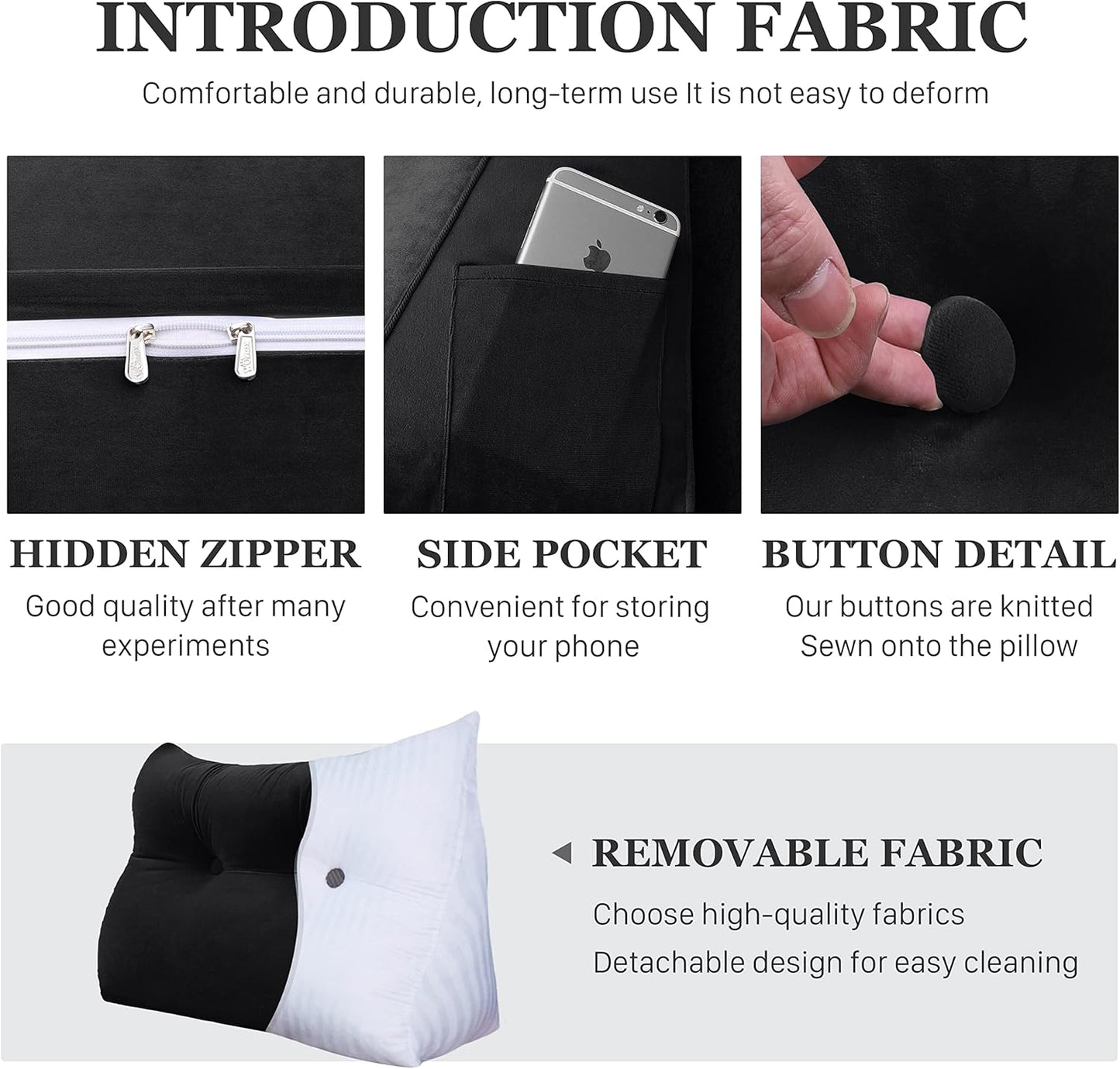 10 lbs Thickened Wedge Pillow Headboard Body Positioner Bed Wedge Pillow Backrest Support Triangular Headboard Cushion with Side Pocket Gift for Mom Velvet Positioning Support Black Full