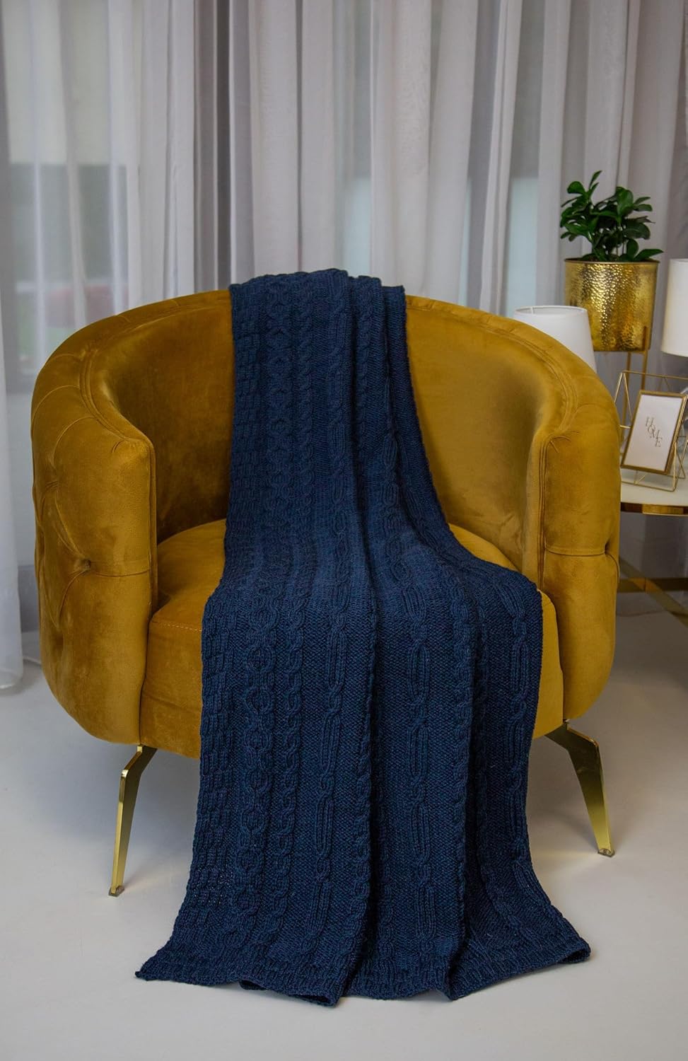 SAOL Bed Cable Throw Blanket 100% Fisherman Wool Made in Ireland 66.93" L x 45" W (Ocean Blue)