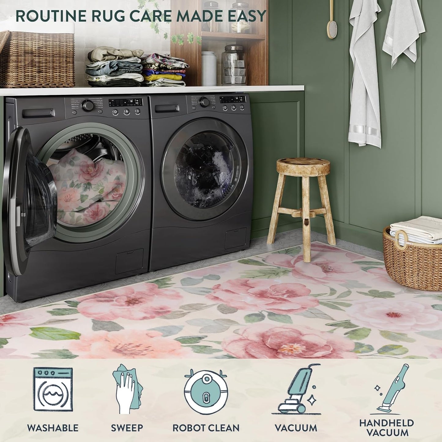 Lahome Floral Nursery Rug 5x7 Area Rugs,Soft Boho Pink Rugs for Bedroom Girls,Low Pile Large Living Room Rug, Home Decor Carpet for Dining Room Playroom Farmhouse, Beige/Multi