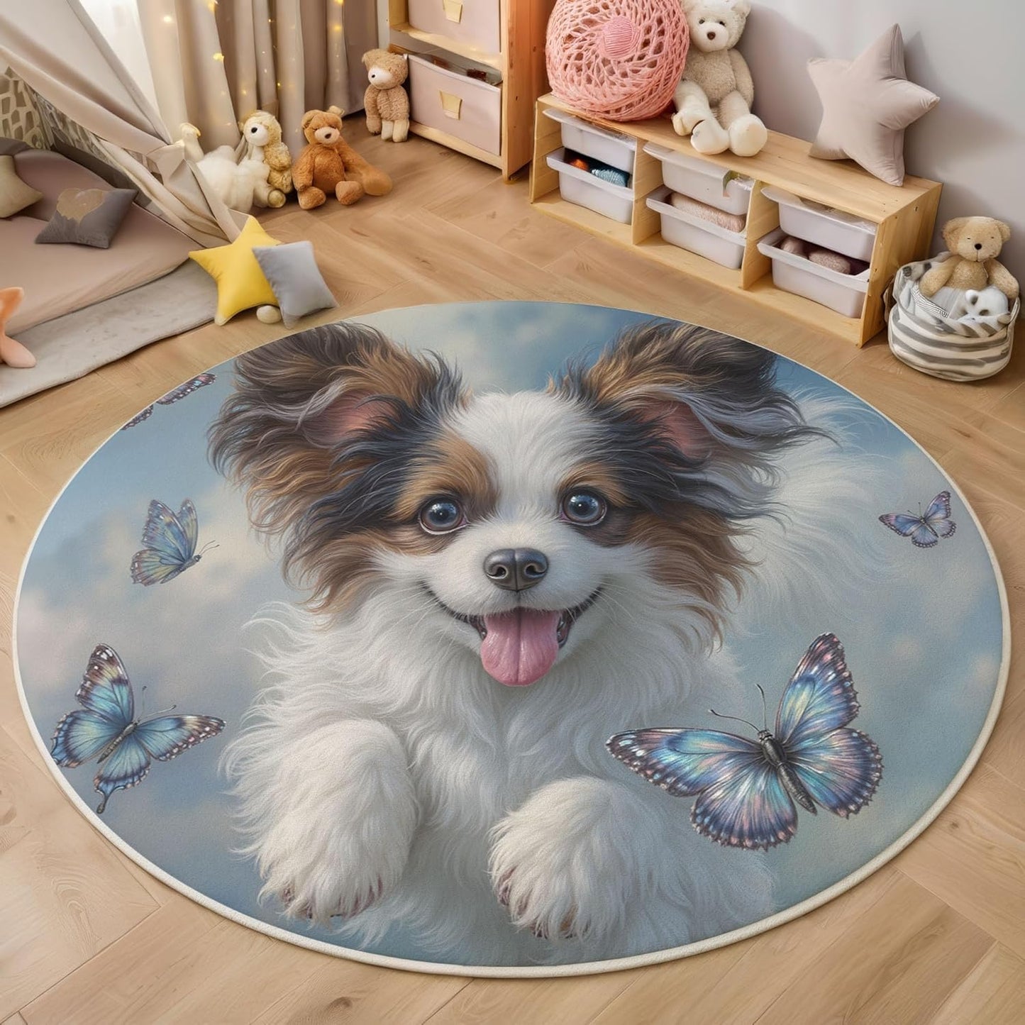 Washable Cute Puppy Butterfly Area Rug, 5Ft Round Rugs for Living Room Soft Carpet for Bedroom Animal Illustration Indoor Stain Resistant Non-Shedding Floor Carpet, Blue, 5Ft-Round