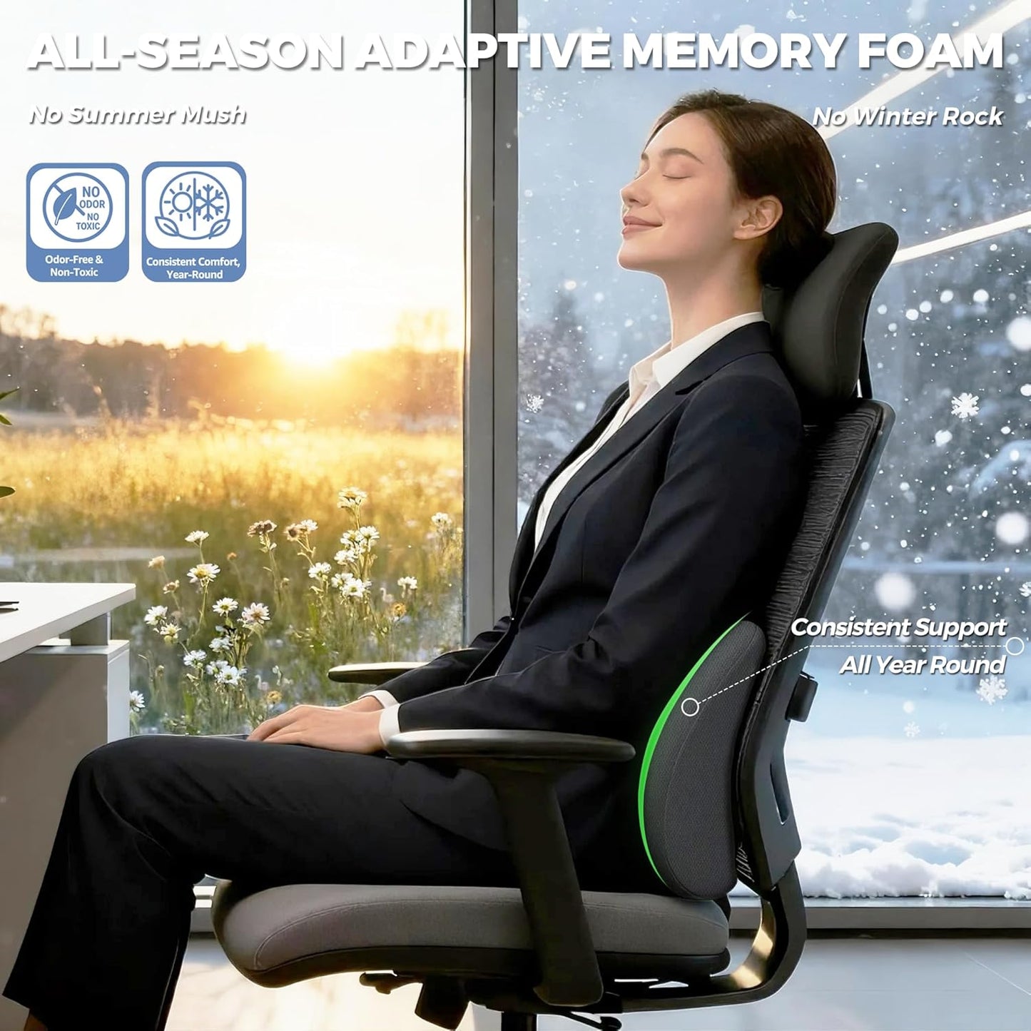 Lumbar Support Pillow for Office Chair and Car with All-Season Adaptive Memory Foam, Ergonomic Back Support for Lower Back Pain Relief, Stay-Put Stain-Proof Silicone Grip (Black)