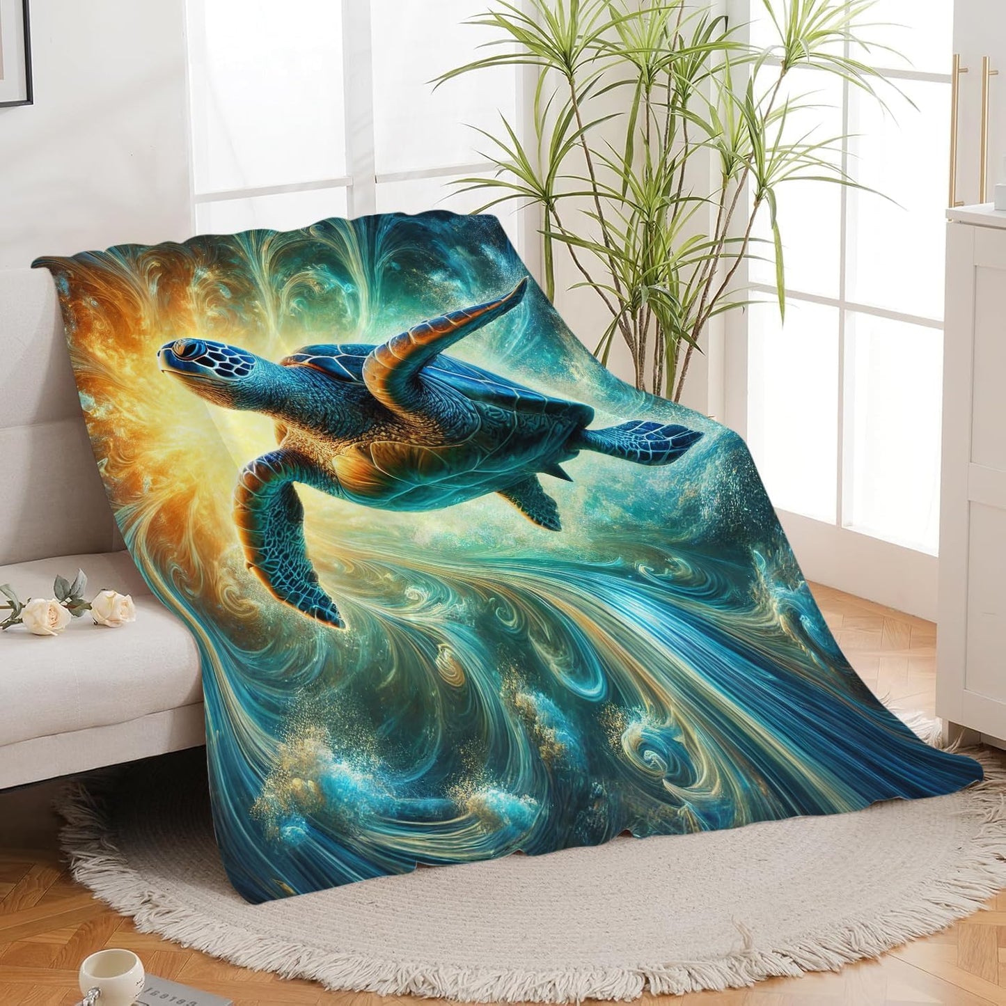 Ocean Sea Turtle Blanket Marine Turtle Beach Flannel Plush Throw Blanket Cozy Nautical Coastal Decor Fleece Stuff Blanket Gifts for Lover Girls Boys Kids Adults Women Bed Travel 40"x50"