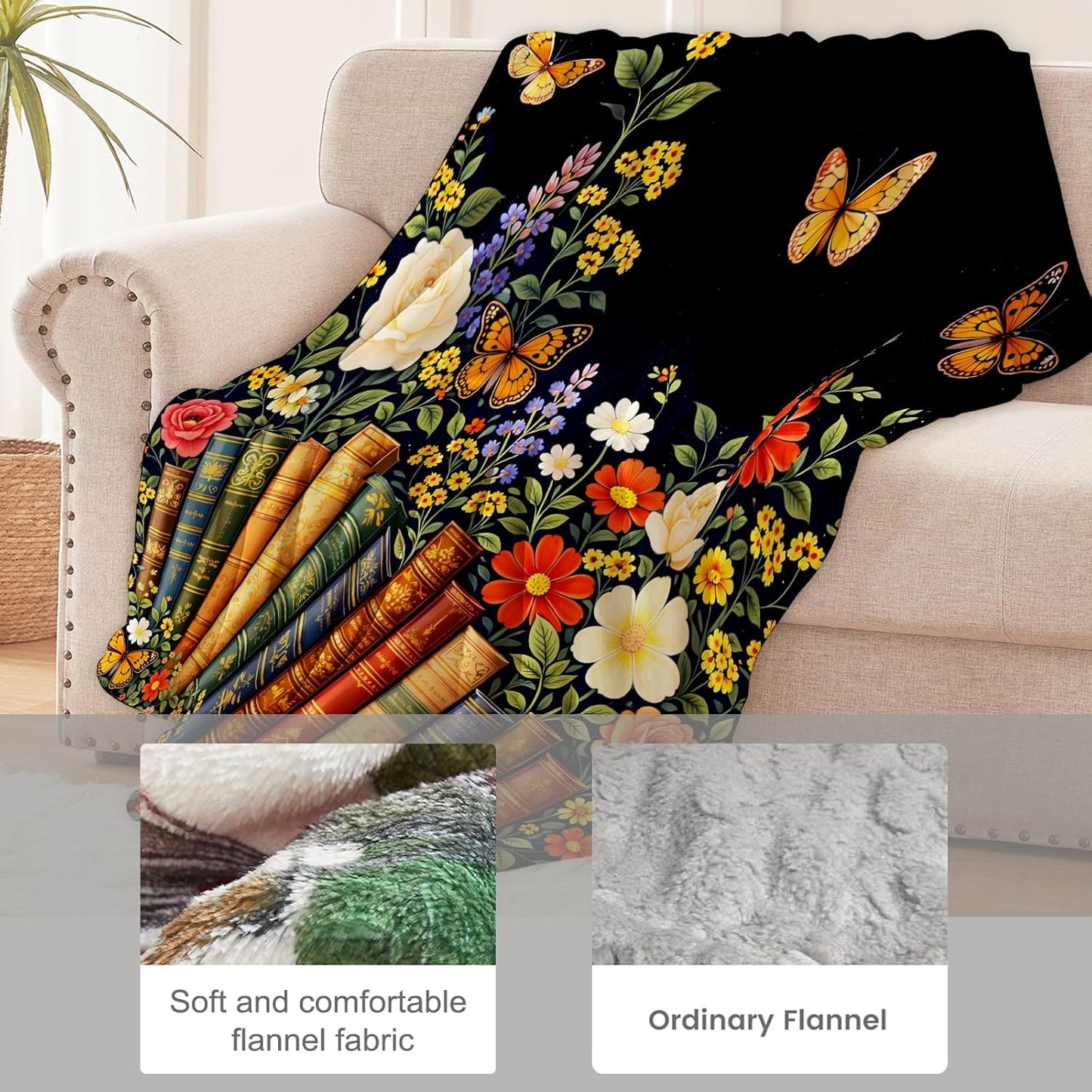 Book and Butterfly Throw Blanket for Book Lovers, Vintage Floral Library Art Flannel Throws Blankets, Reading Garden Gifts, Soft Warm Cozy for Sofa Couch Bed Home Decor 60" x 50"