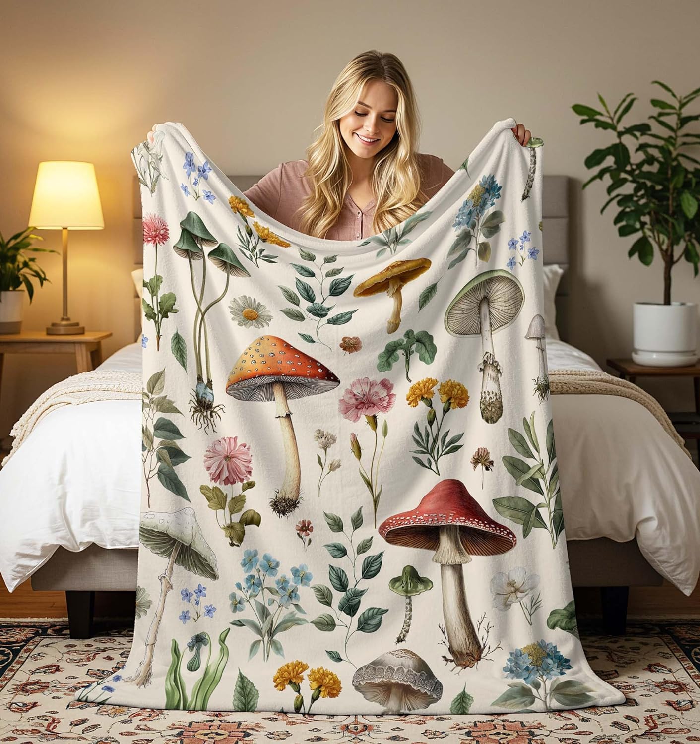 MASLEK Mushroom Floral Blanket Cozy Soft Flannel Throw Vintage Beige Botanical Nature Design Lightweight Warm Blanket for Couch Bed Sofa Gift for Women Men, 50x60 Inch