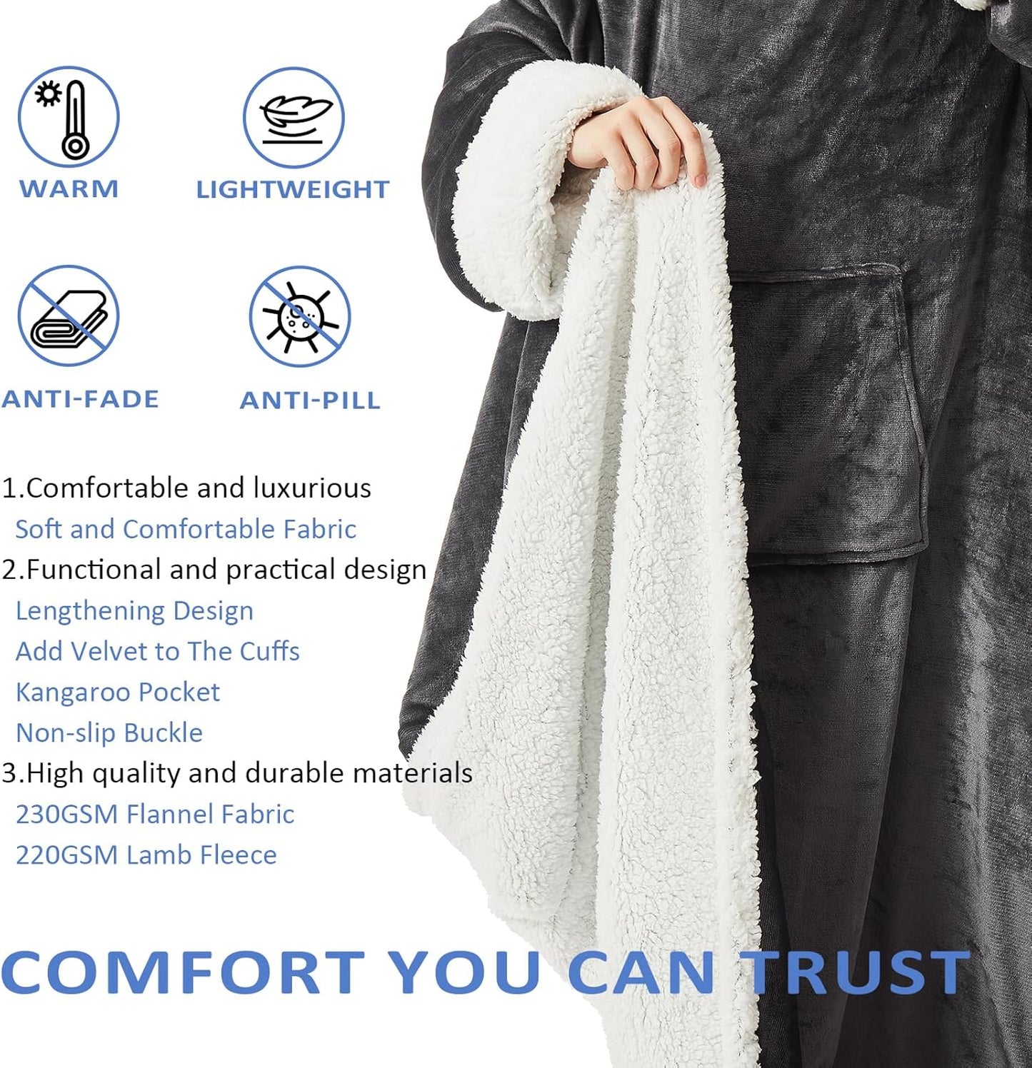 HOSUKKO Sherpa Wearable Blanket Hoodie for Adults - Oversized comfy blanket hoodie with Pockets - Super Soft Gift for Mom Wife - Grey