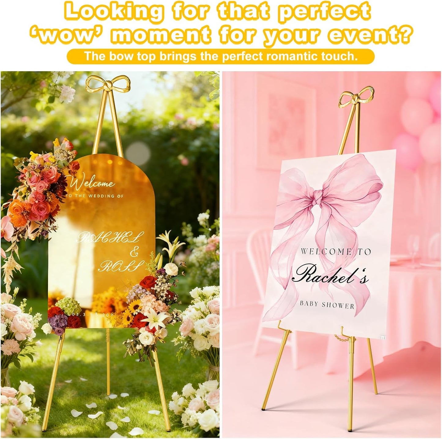Interchangeable Bow & Star Top Gold Easel Stand for Sign, 62"–47" Height Adjustable Heavy Duty Wedding Easel Stand with 3 Display Modes — Perfect for Welcome Signs, Christmas Decor, Parties & Events