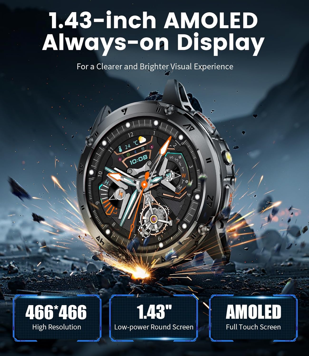 LIGE Military Smart Watch for Men iPhone Android 1.43" HD Amoled Rugged 120+ Sport Modes IP68 Waterproof Answer/Make Call Fitness Running Heart Rate Blood Pressure Health Mens Smartwatch EF6-A