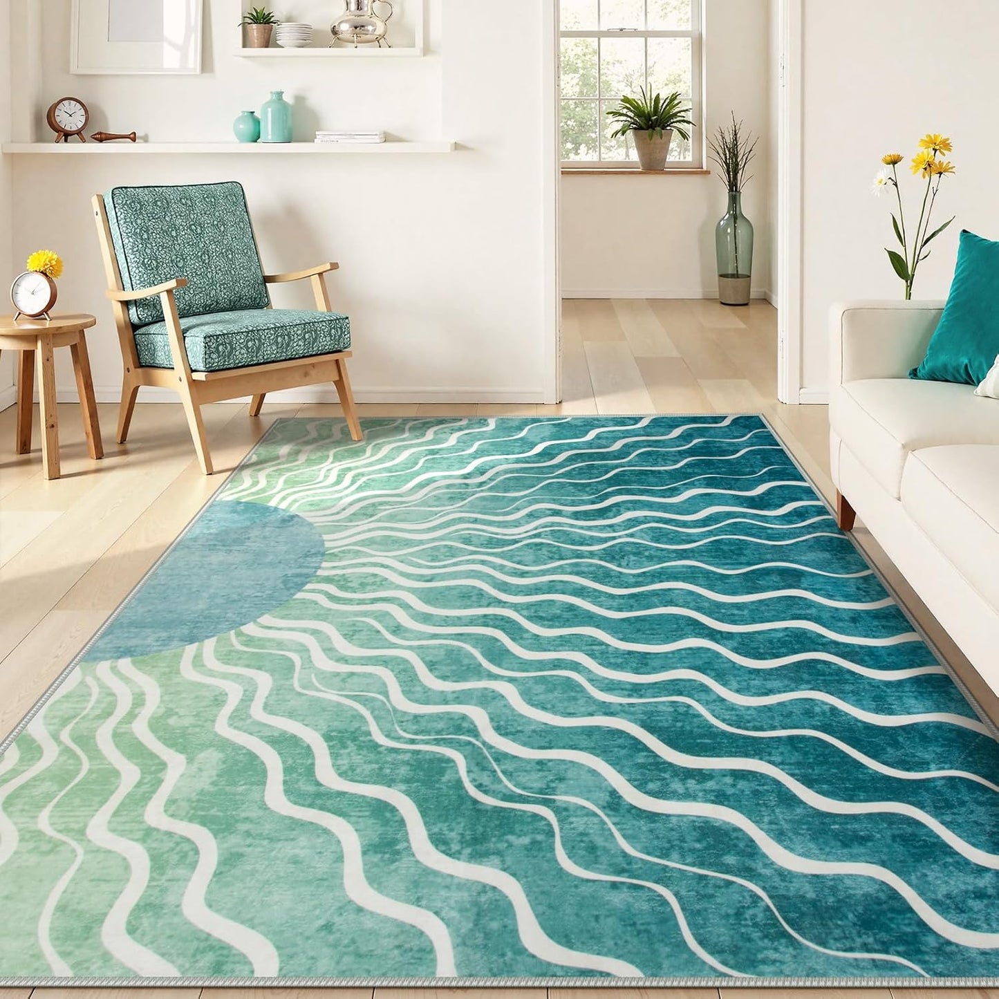 Wonnitar Sun Print Green Area Rug, Boho Washable 6x9 Area Rugs for Living Room, Non Shedding Soft Non Slip Modern Sage Green Carpet for Bedroom Dining Room Office, Teal/Multi