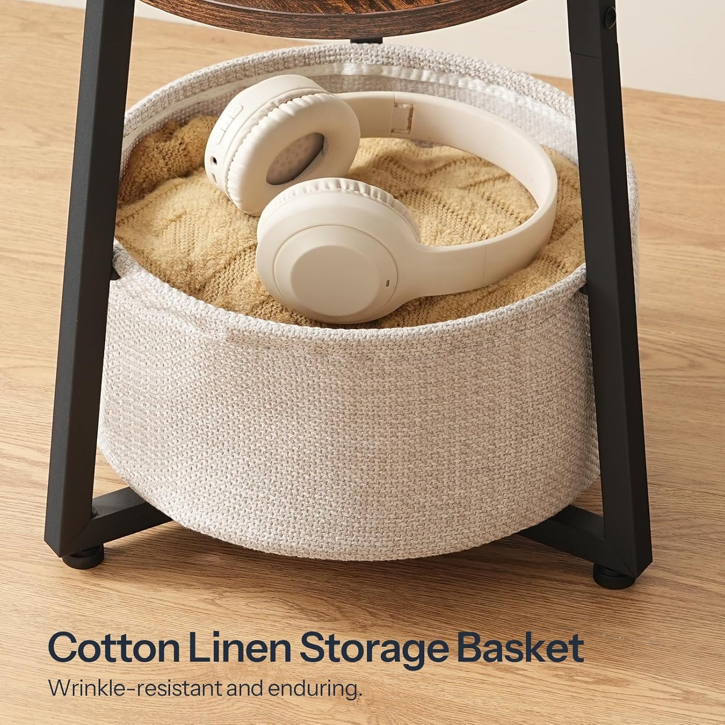 HOOBRO Small Round Side Table with Charging Station, Round End Table with Cotton Linen Storage Basket, Compact Sofa Side Table Nightstand for Small Space, Corner, Living Room, Rustic Brown BF169UBZ01