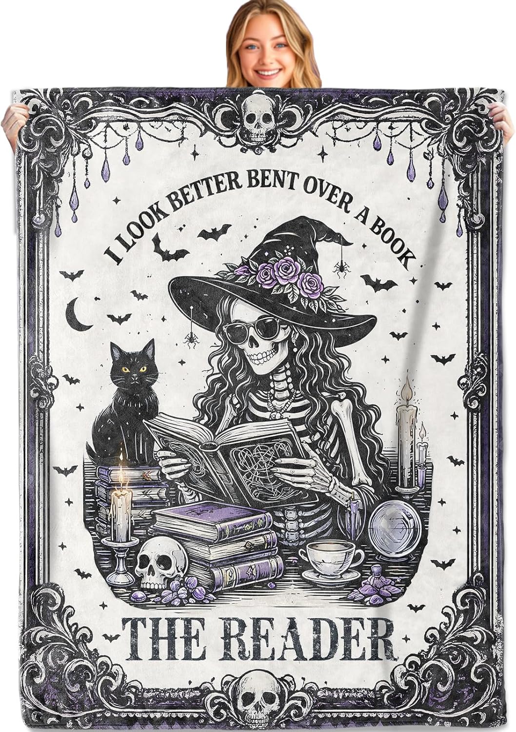 Gothic Skeleton Reader Throw Blanket, 50x60in, Soft Lightweight Flannel, Dark Style Blankets,Gifts for Women and Reading Lovers,for Couch Travel Office Home Living Room Decor