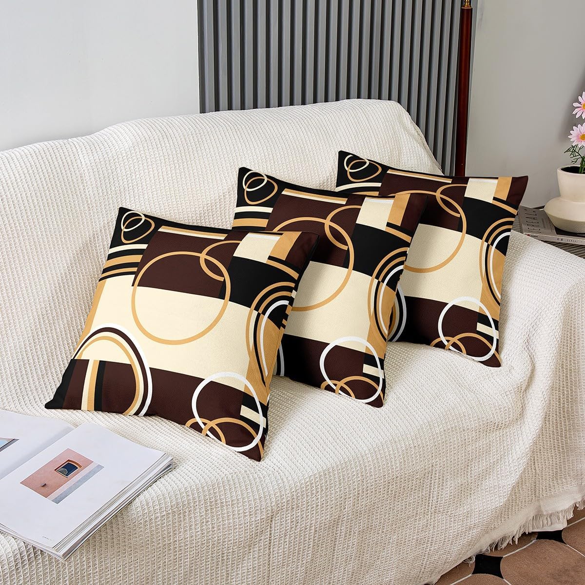 Modern Geometric Throw Pillow Covers 20x20Inch Set of 2 Brown Black Stripes Cushion Covers For Lumbar Support Bedroom Retro Circle Swirls Pillow Covers Abstract Texture Decorative Accent Pillow Cases