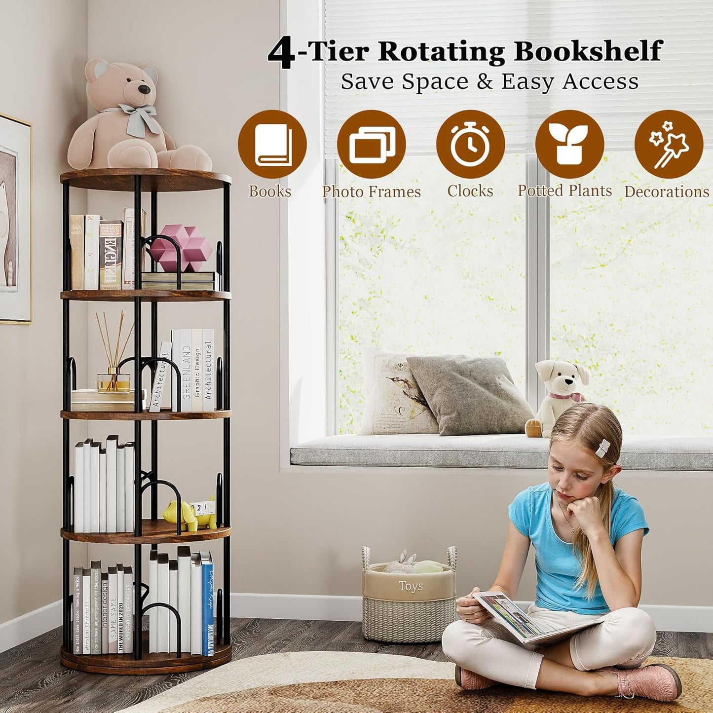 4 Tier Rotating Bookshelf, 360 ° Display Corner Book Shelf, Stackable Spinning Bookshelf Tower, Narrow Tall Revolving Bookcase, Round Swivel Storage Organizer (Black, 4 Tiers)