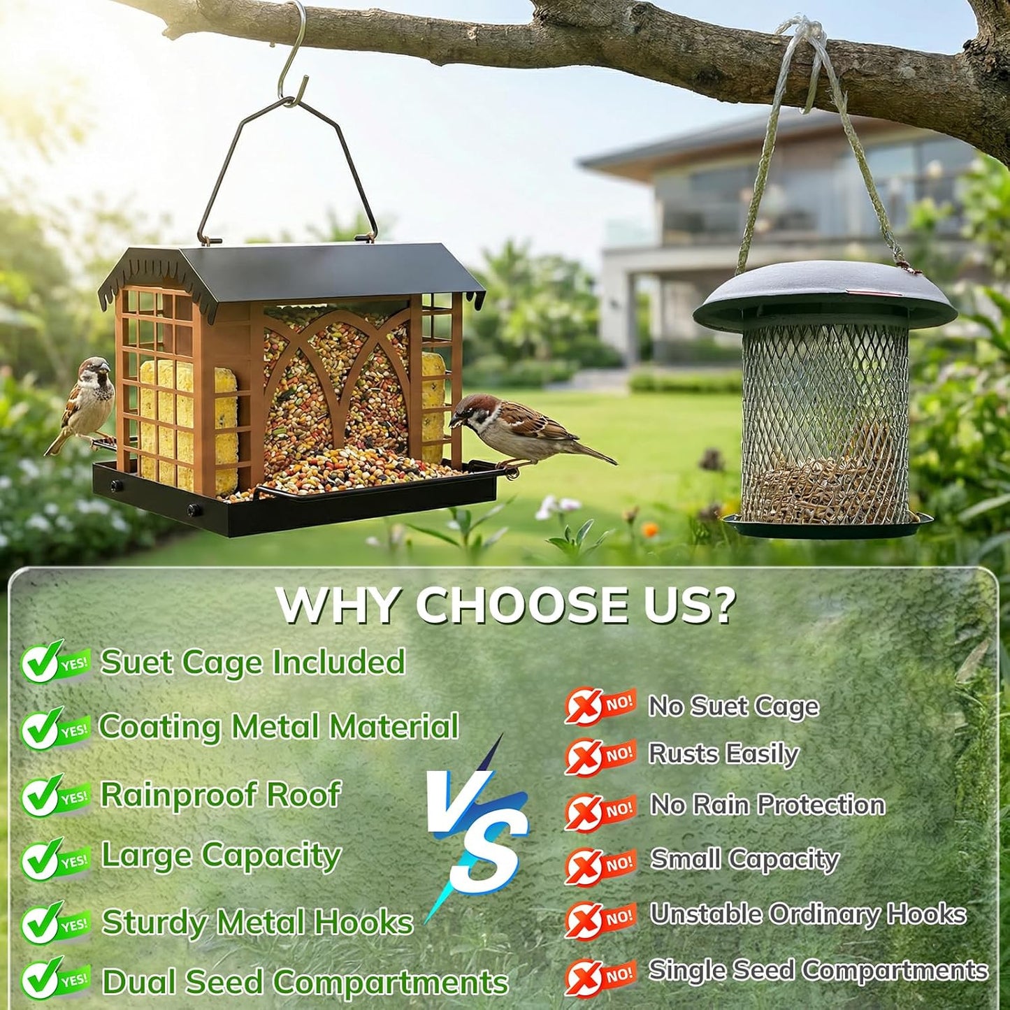 Bird Feeders for Outdoors Hanging, Metal Bird Feeder with Double Suet Cage Weatherproof Metal Roof, 3.5Lbs Large Capacity Great for Attracting Finch Cardinal Chickadee Wild Birds, Pinecone Brown