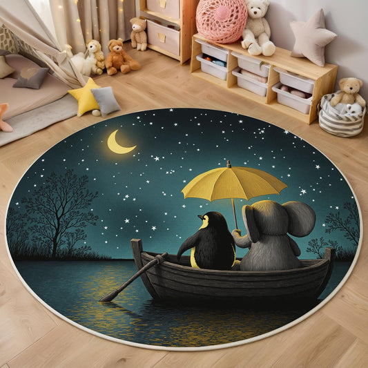 Washable Dreamy Starry Sky Lake Area Rug, 3Ft Round Rugs for Living Room Soft Carpet for Bedroom Cute Penguins Elephants Indoor Stain Resistant Non-Shedding Floor Carpet, Turquoise, 3Ft-Round