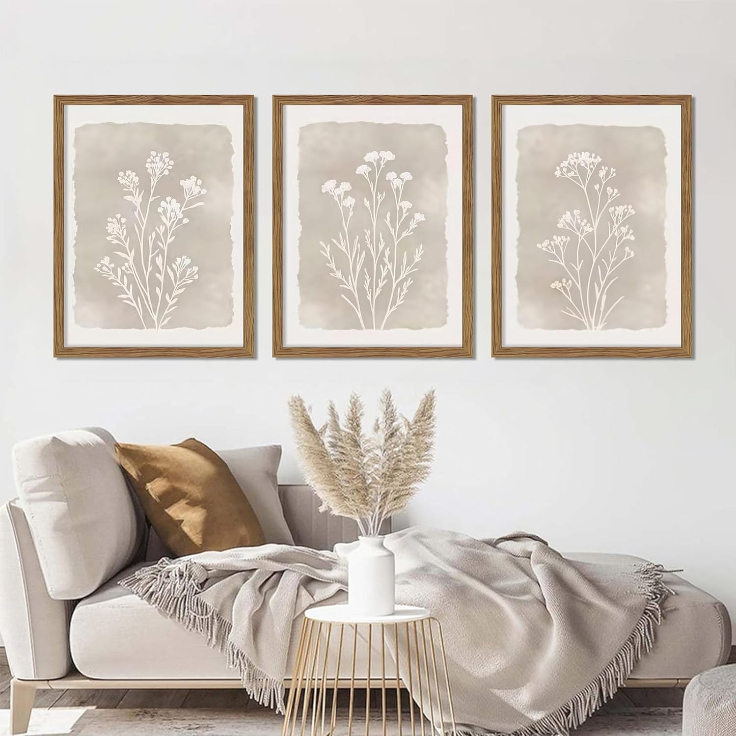 Framed Boho Botanical Flower Wall Art Set of 3, Vintage Minimalist Neutral Floral Wall Decor Paintings, Rustic Farmhouse Wildflower Artwork Prints Picture for Living Room Bedroom Bathroom 12x16 Inch