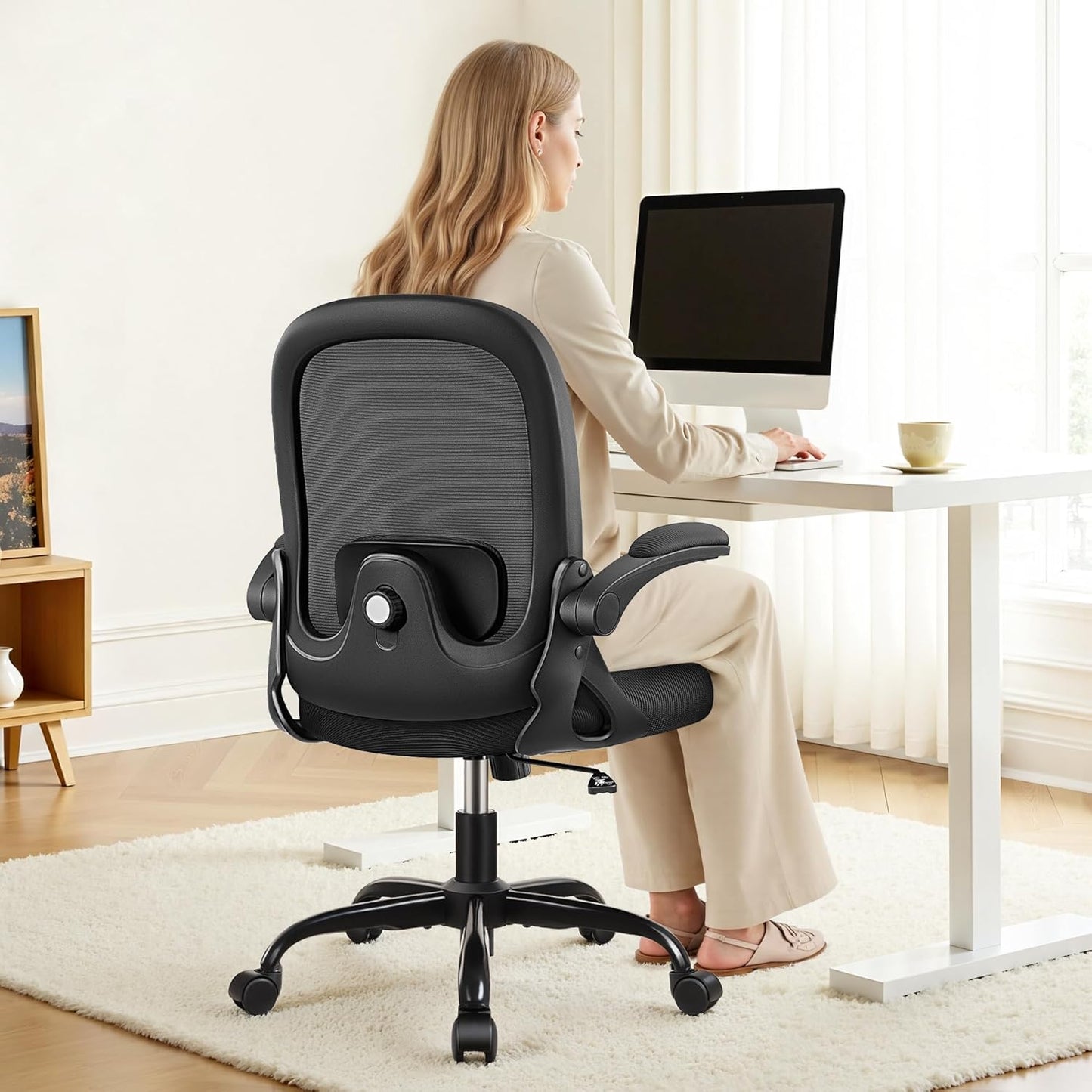 Primy Desk Chair Ergonomic Office Chair with Adjustable 3D Lumbar Support and Height, Comfy Mesh Computer Chair with Flip-up Armrests, Swivel Rolling Task Chair with Wheels for Home Office (Black)