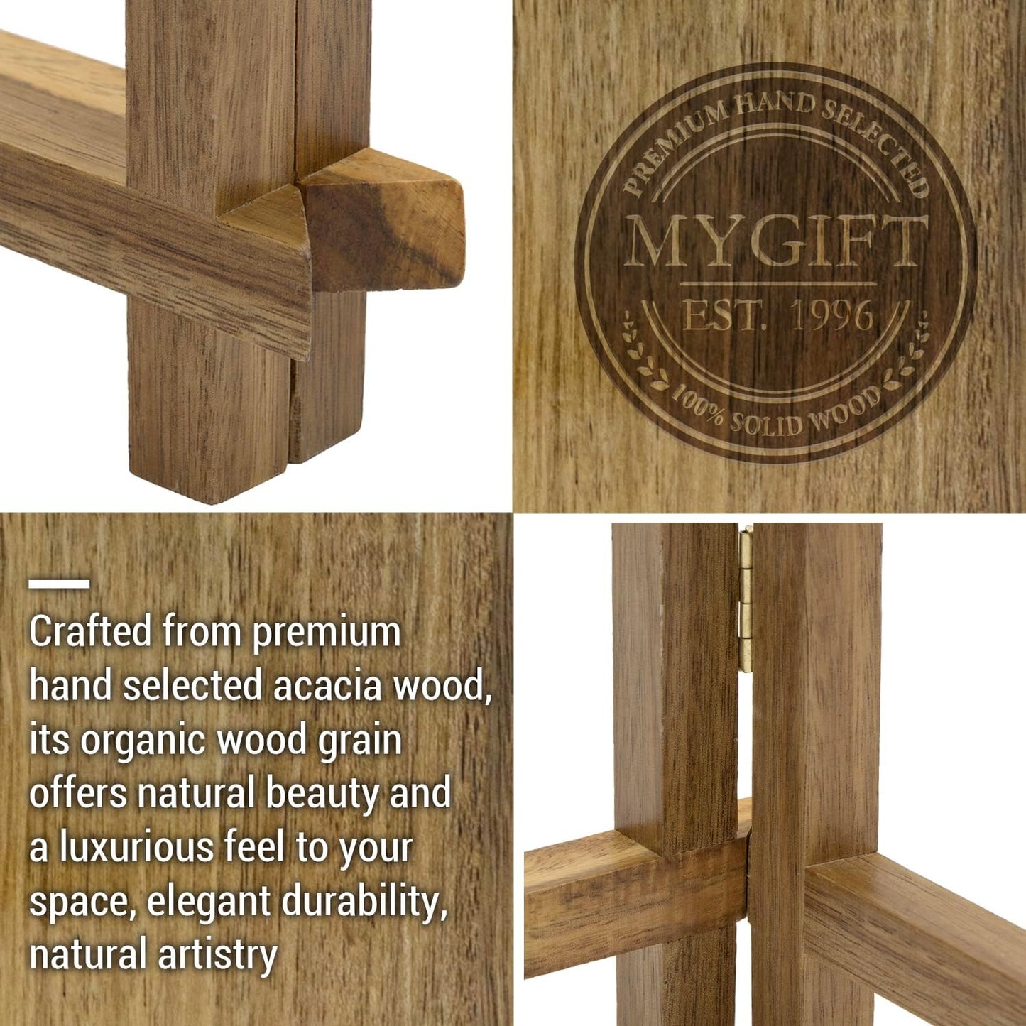 MyGift Plate Display Stand, Rustic Acacia Wood Tabletop Saucer Rack, Folding Picture Frame Holder Easel