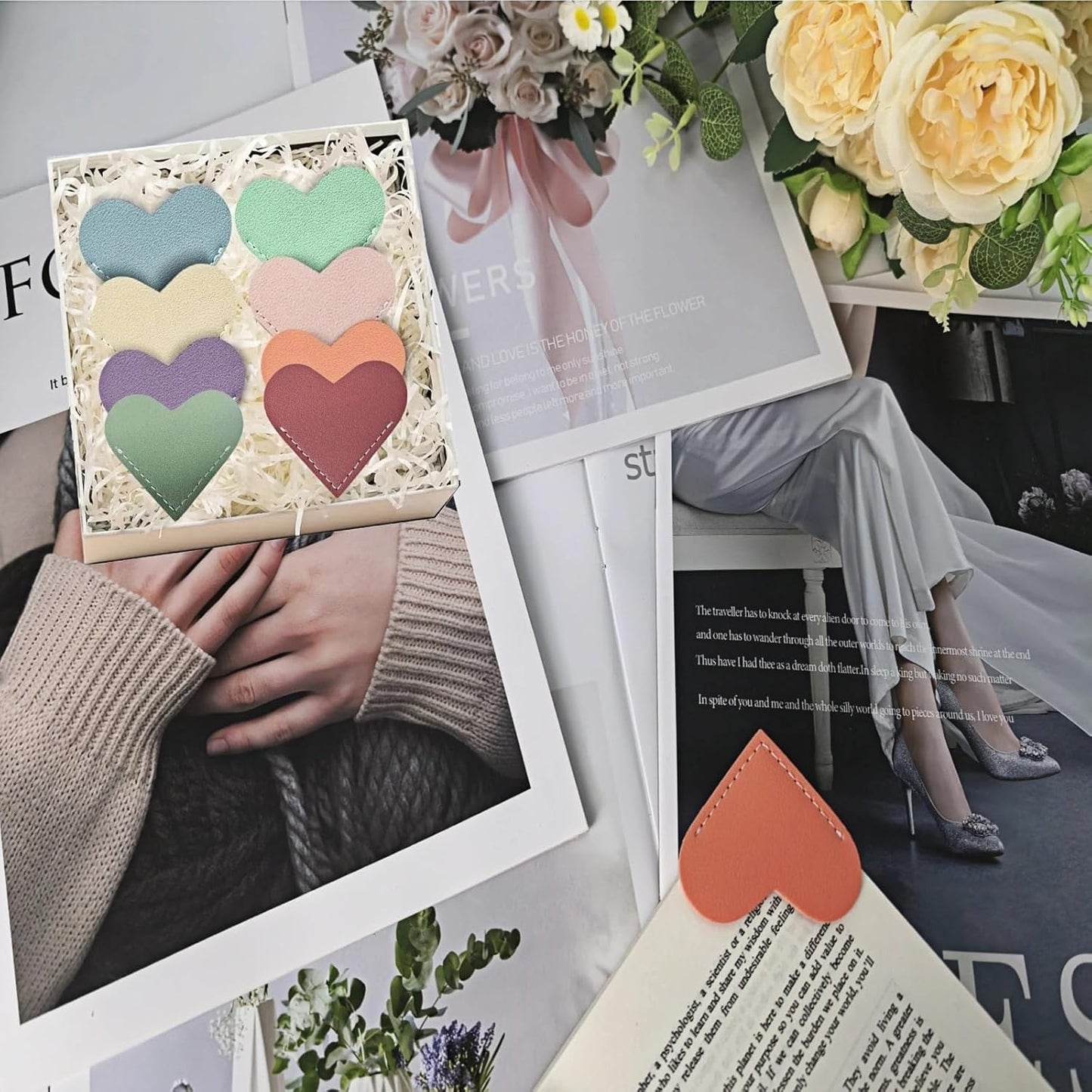 Leather Heart Bookmarks - OOEOO 8 Pieces Cute Corner Page Book Marks Gifts for Reading Women Teachers Students Book Lovers, for School Office Home Supplies(8PC Colors A)