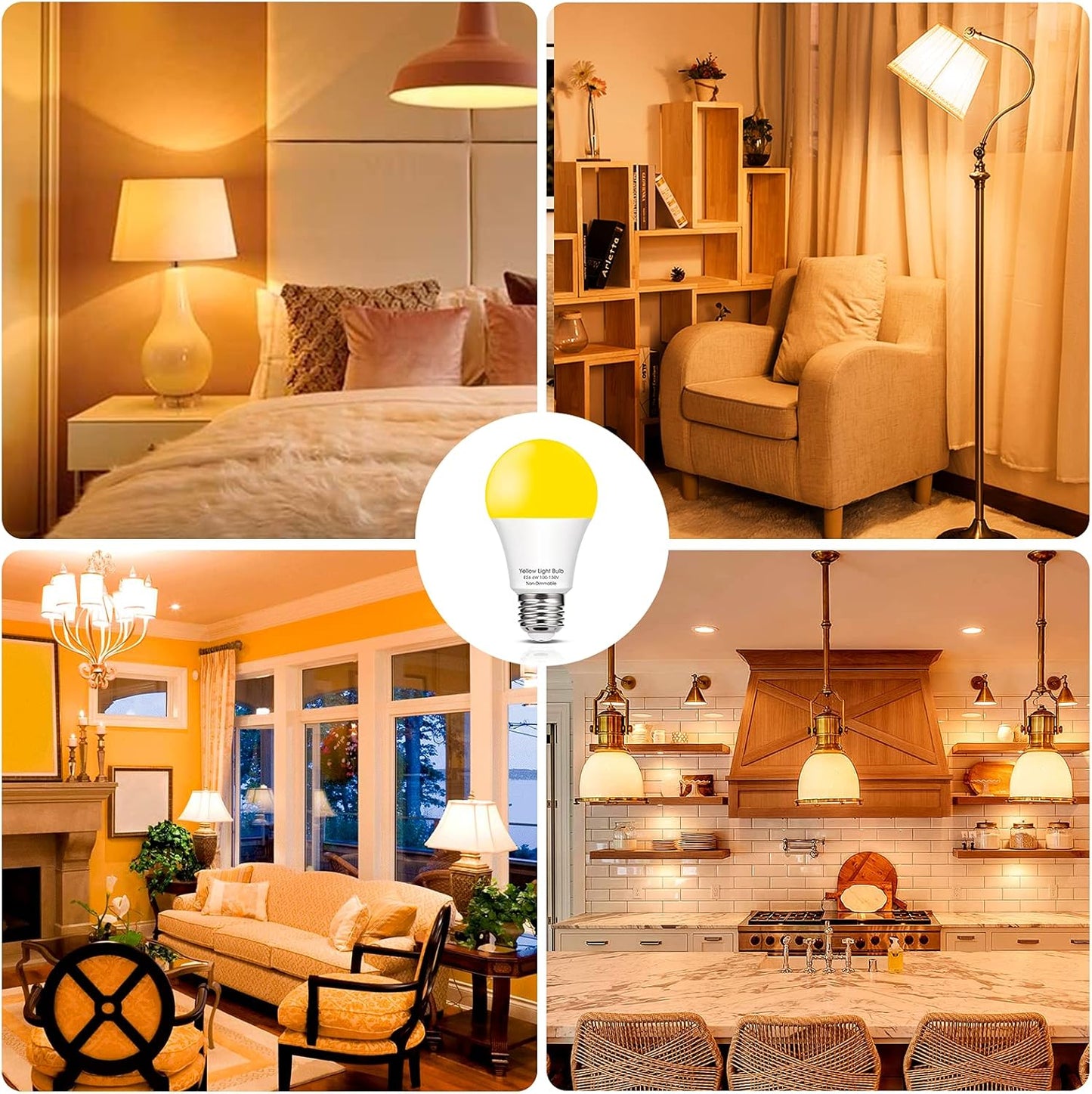 EvaStary Yellow LED Light Bulb Outdoor, 6W Bug Light Bulbs 40W Equivalent Outside, A19 LED Amber Bedroom Night Lights, Warm LEDs Hallway Lighting Decorative Lamps, 4 Pack