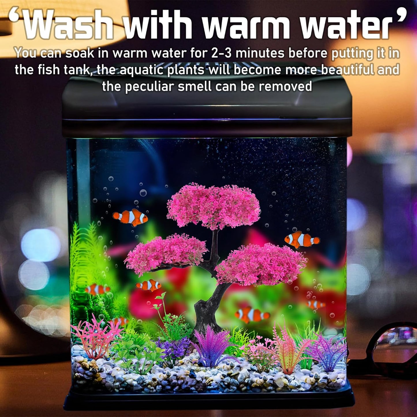 Ameliade Aquarium Artificial Plastic Plants Decoration, Pink Cherry Blossom Tree Aquarium Decor Set, Goldfish Betta Fish Tank Decorations Hides Accessories（Pink