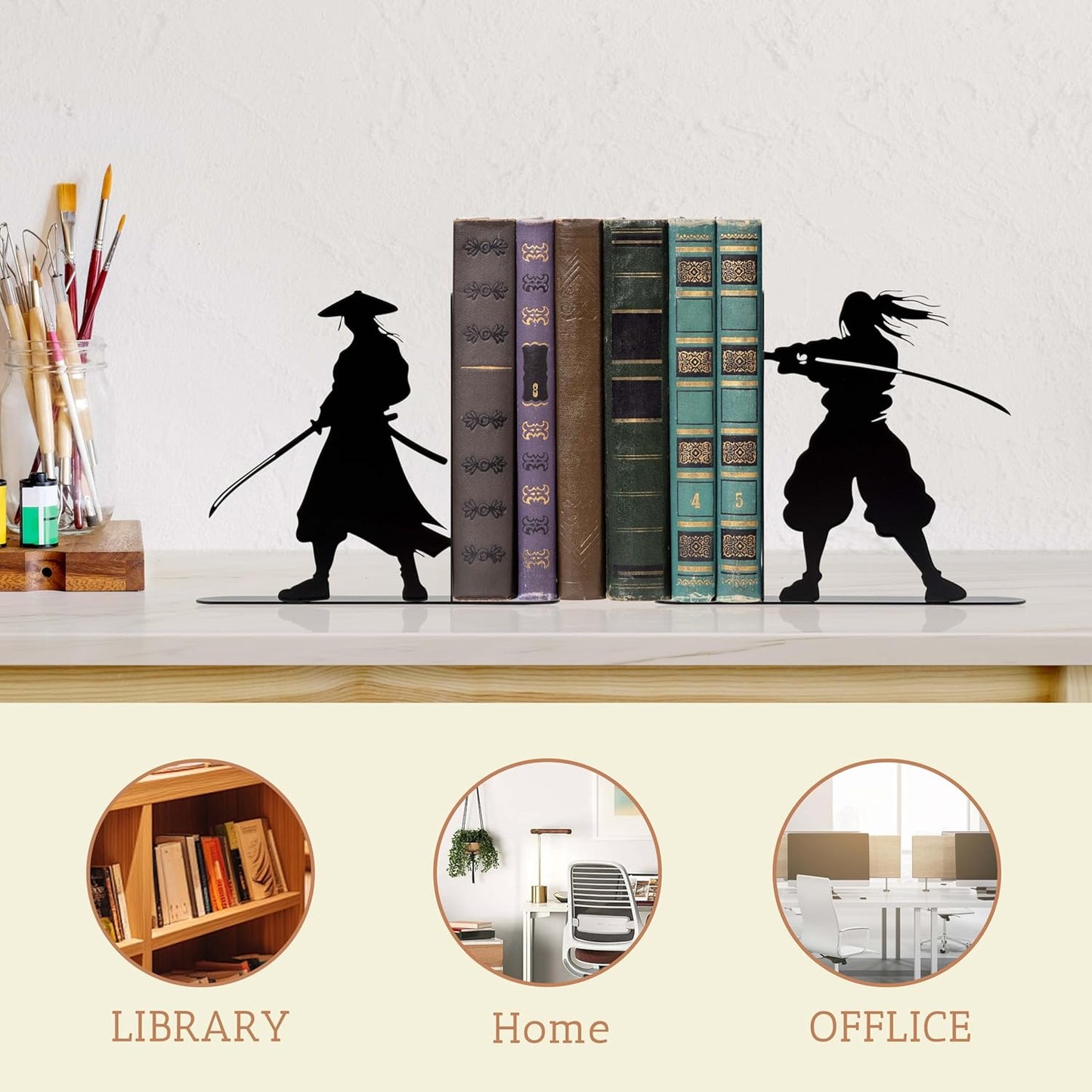 Samurai Bookends for Bookshelves - Anime Inspired Metal Bookends Set, Japanese Warrior Sculpture Book Ends for Home Office Decor, Decorative Bookends Gift
