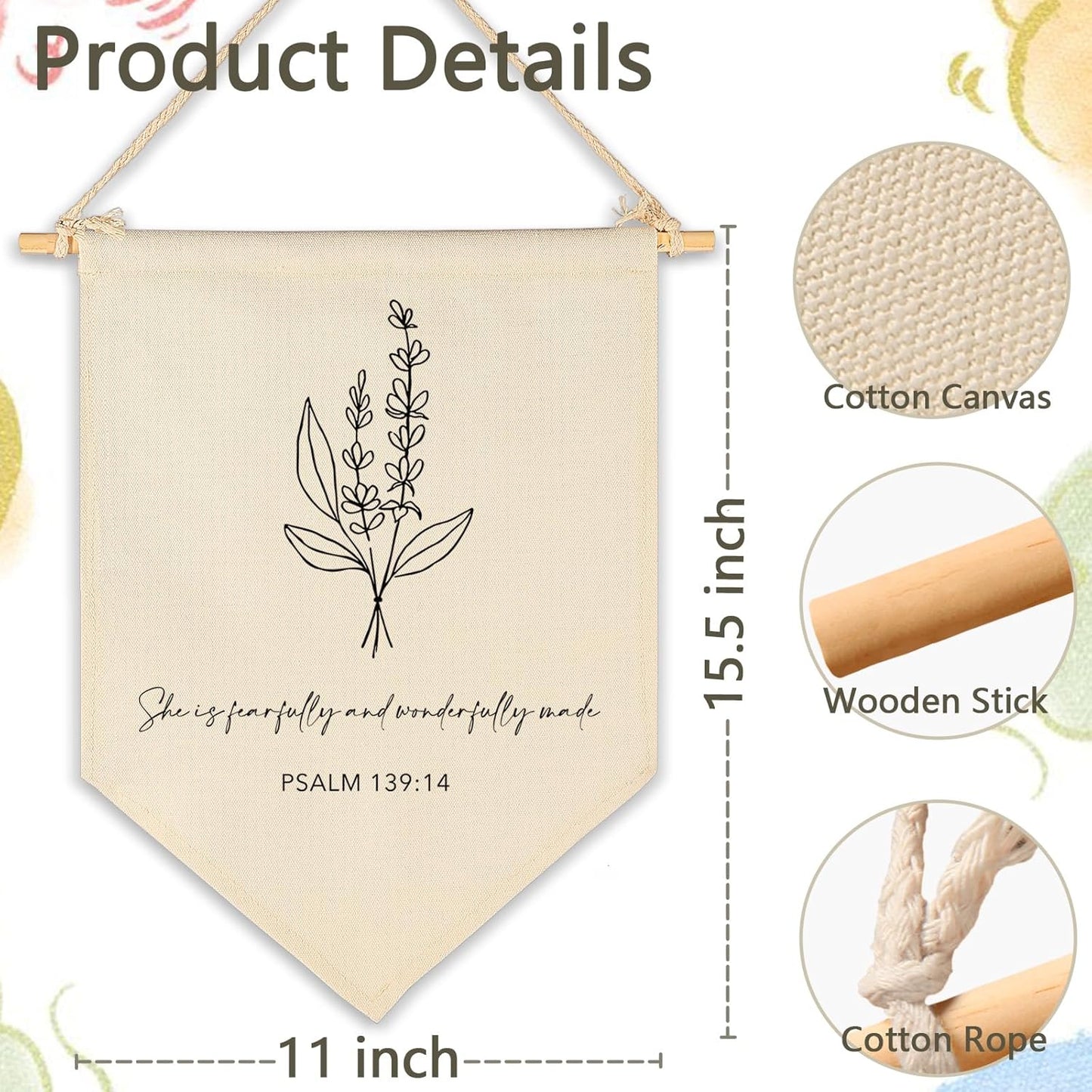 Nursery Scripture Bible Verse-Christian Botanical Decor-Canvas Hanging Pennant Flag Banner Wall Sign Decor Gift for Nursery Bedroom Playroom Decor Baby Kids Girl Boy Teen- Birthday Christmas Gift