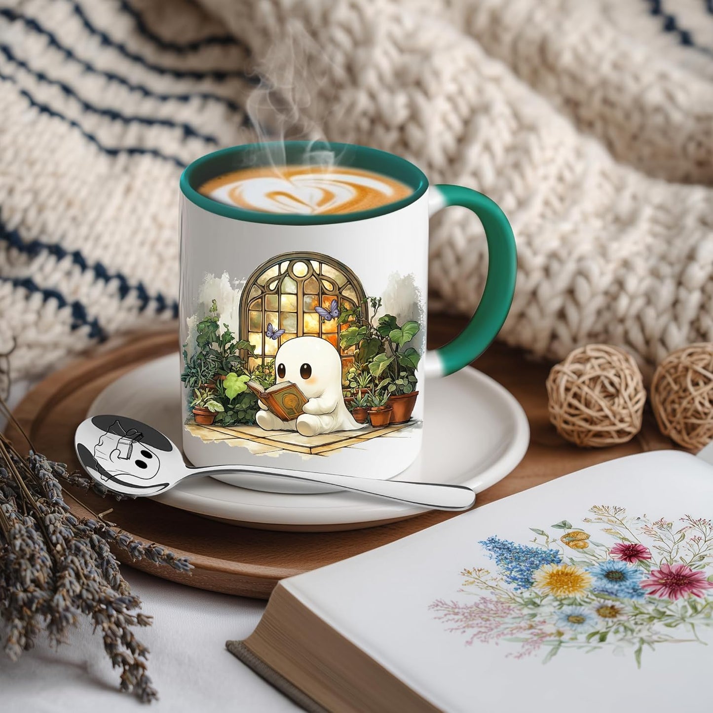 Hyturtle Cute Ghost Reading Coffee Mug with Spoon Gifts For Book Lovers, Plant Lovers On Birthday Christmas, Reading Cup Gifts For Girl Women, Book Club Gift Keepsake 11oz White Green Ceramic Tea Cup
