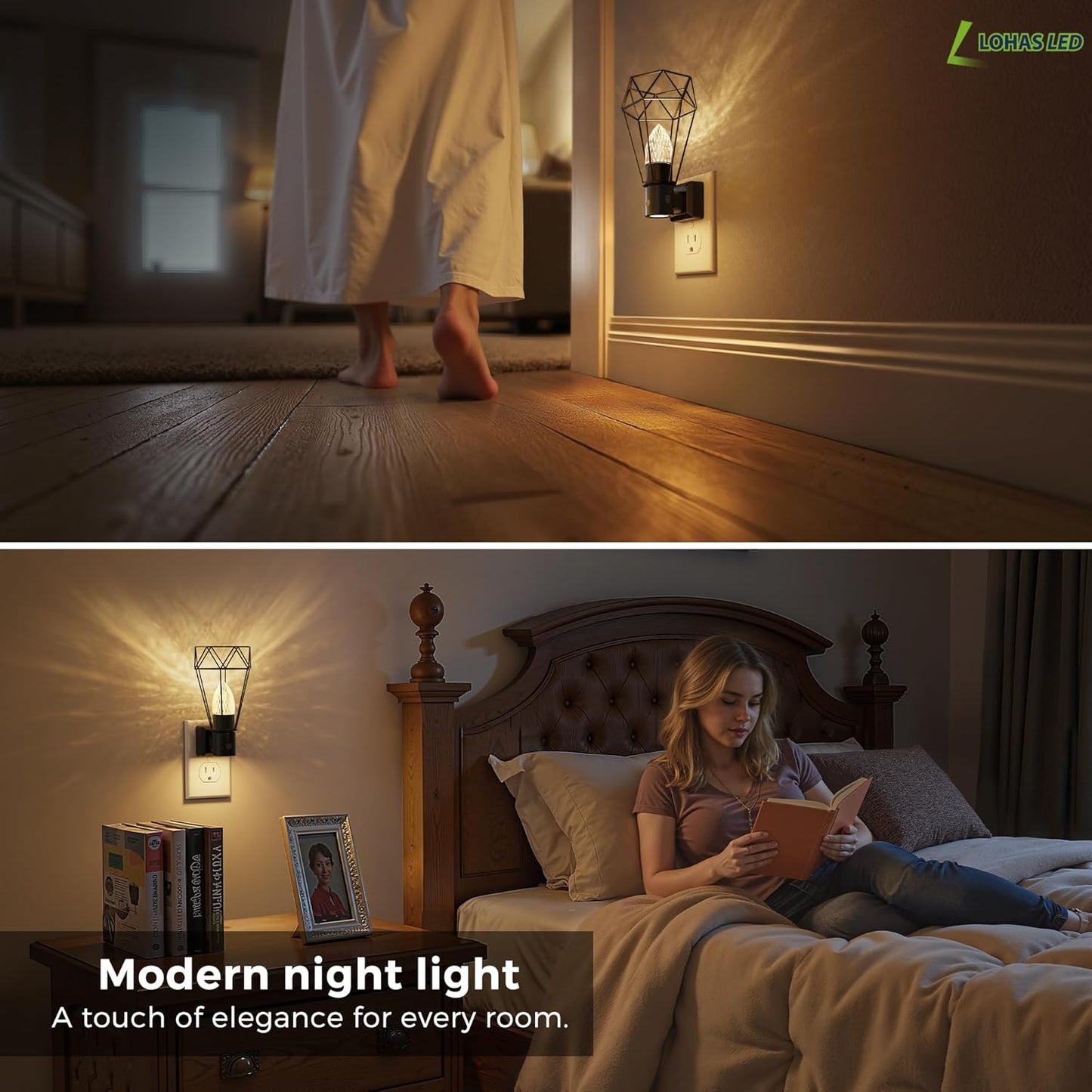 L LOHAS LED Night Light, 2 Pack Night Lights Plug into Wall, 3000K Warm White, Farmhouse Plug in Light with Dusk to Dawn Sensor, for Bedroom, Bathroom, Kitchen, Hallway